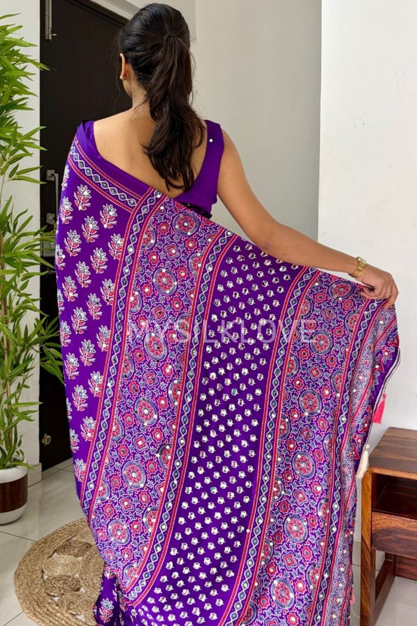 Buy MySilkLove Royal Purple Mirror Work Ajrakh Printed Saree Online