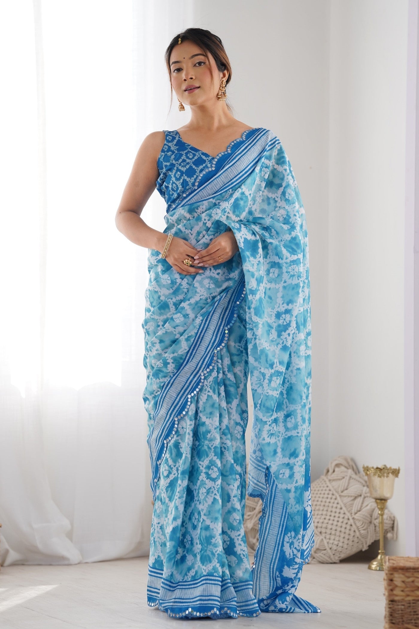 Buy MySilkLove Water Blue Digital Printed Chinon Saree Online