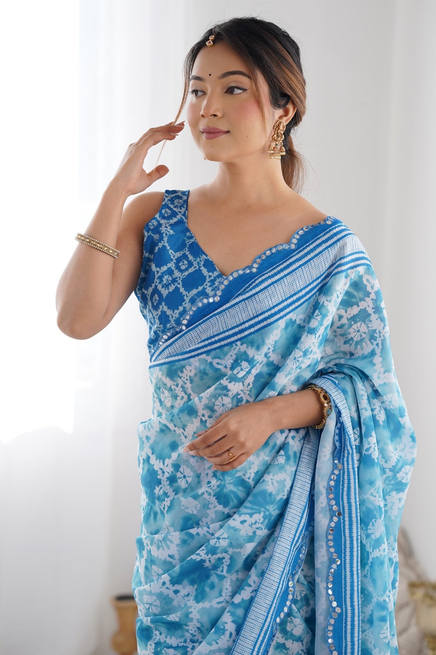 Buy MySilkLove Water Blue Digital Printed Chinon Saree Online