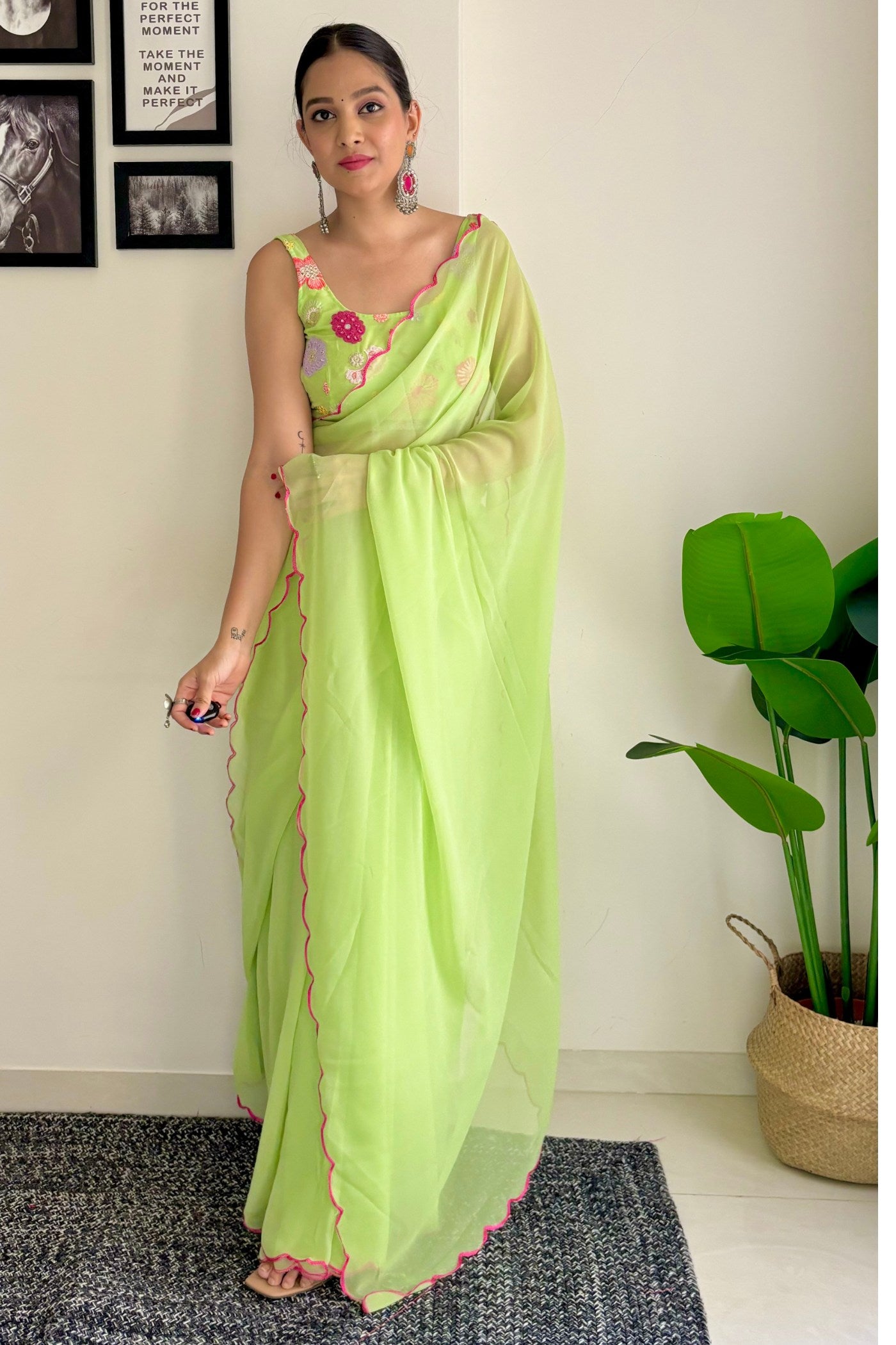 Buy MySilkLove Pear Green Gerogette Saree Online