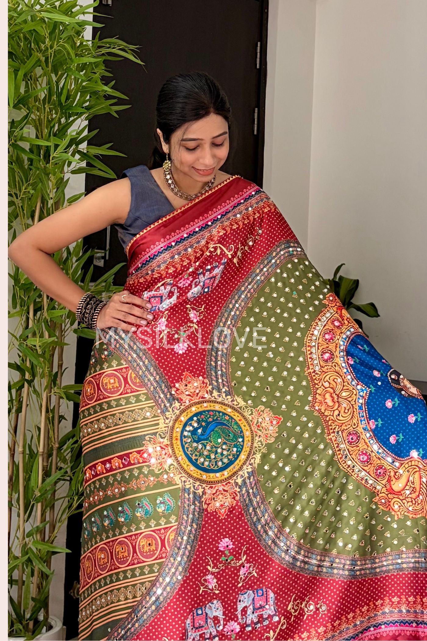Buy MySilkLove Raspberry Pink Japan Satin Printed Kalmakari Mirror Work Sraee Online