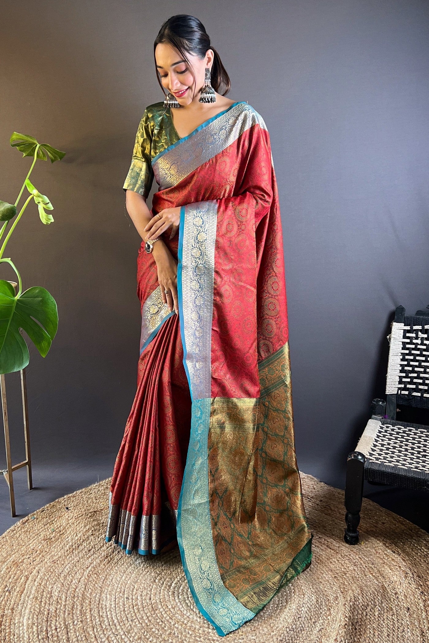 Buy MySilkLove Apple Blossom Red Woven Banarasi Saree Online