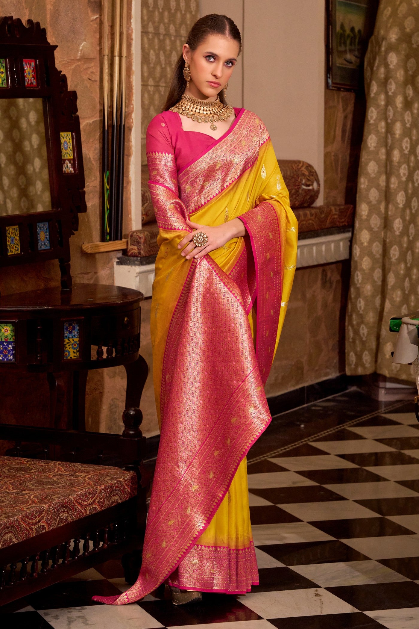 Buy MySilkLove Canary Yellow Woven Banarsi Saree Online