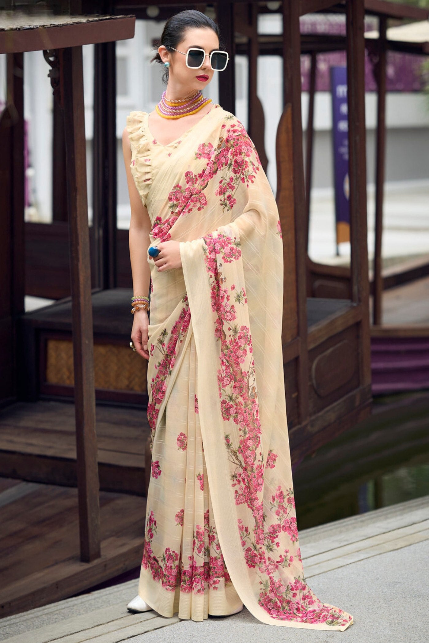 Buy MySilkLove Varden Cream Chiffon Silk Saree Online