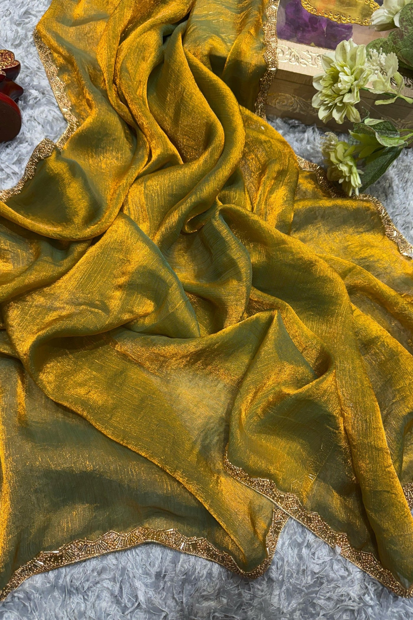 Buy MySilkLove Muesli Gold Yellow Tissue Saree Online