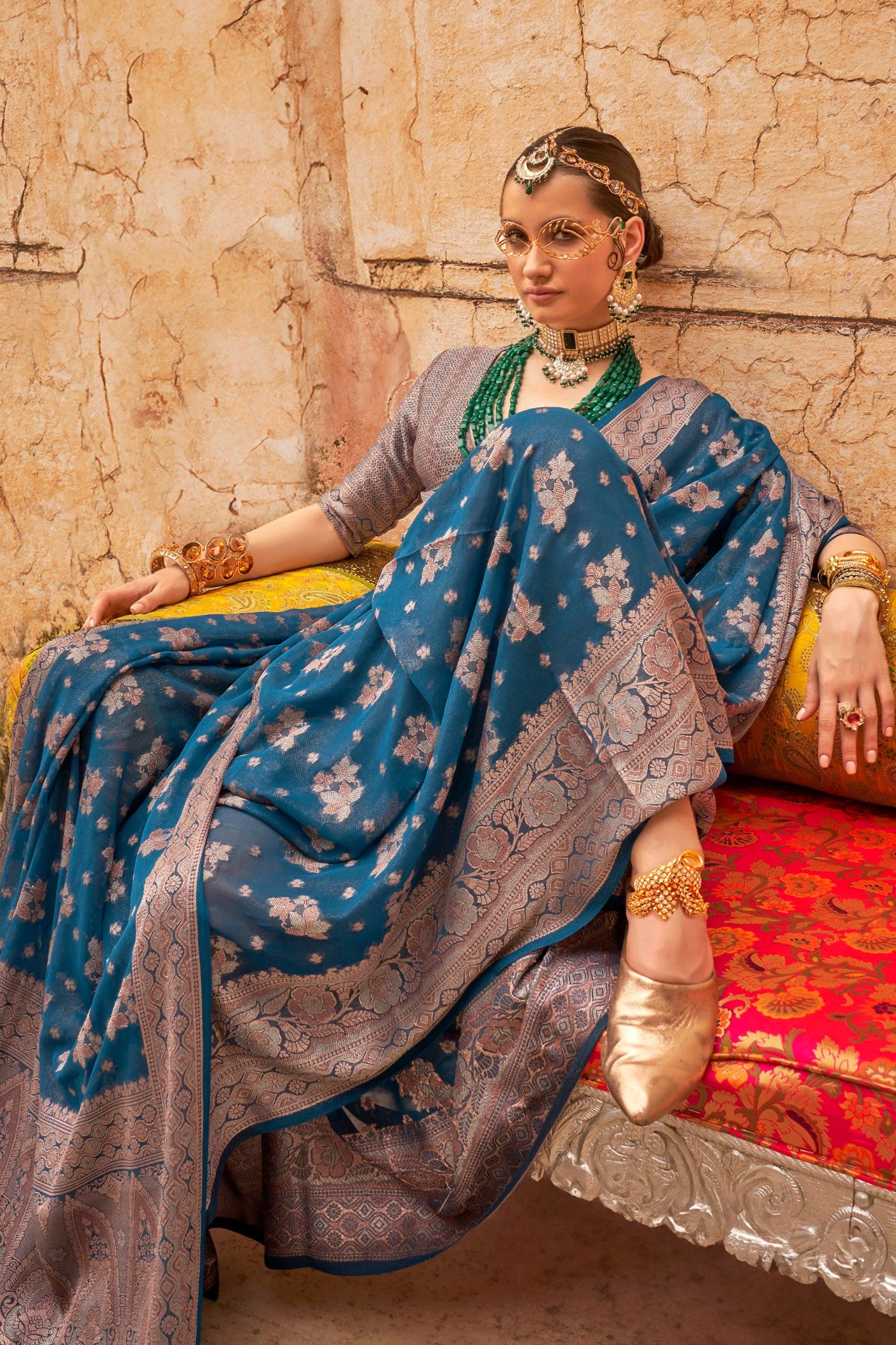 Buy MySilkLove Olympic Blue Zari Woven Georgette Saree Online