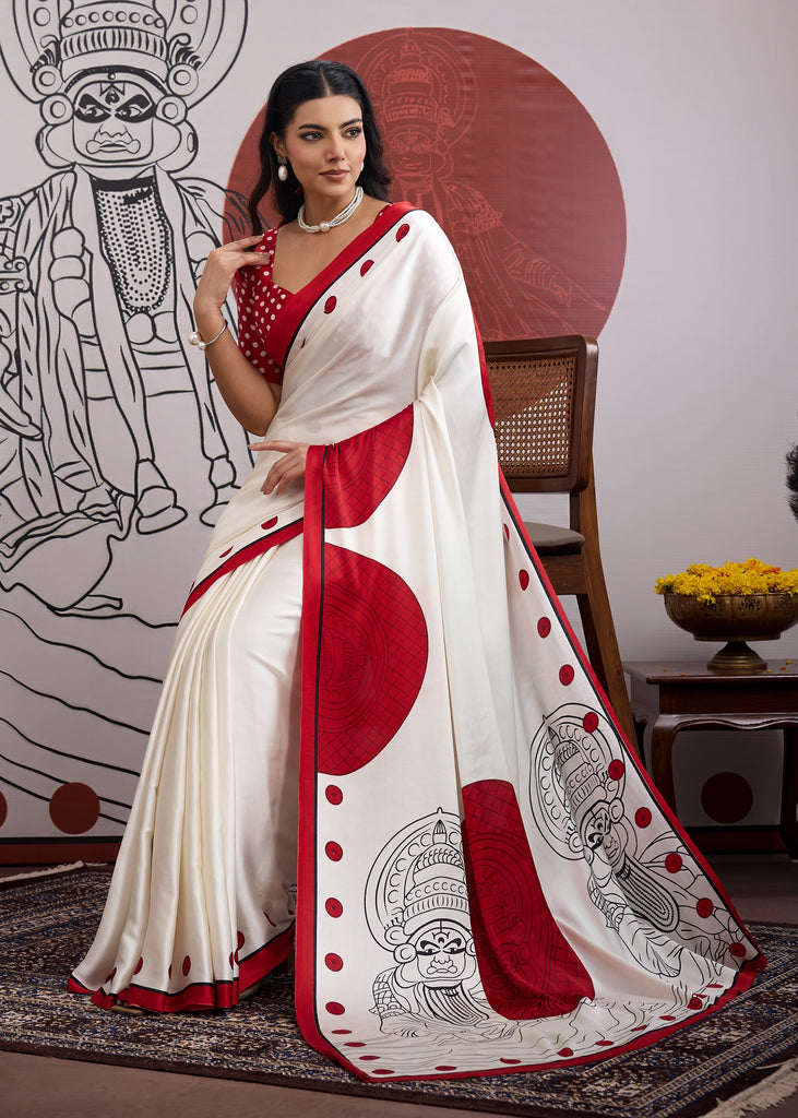 Buy MySilkLove Barn Red and White Printed Satin Crepe Silk Saree Online