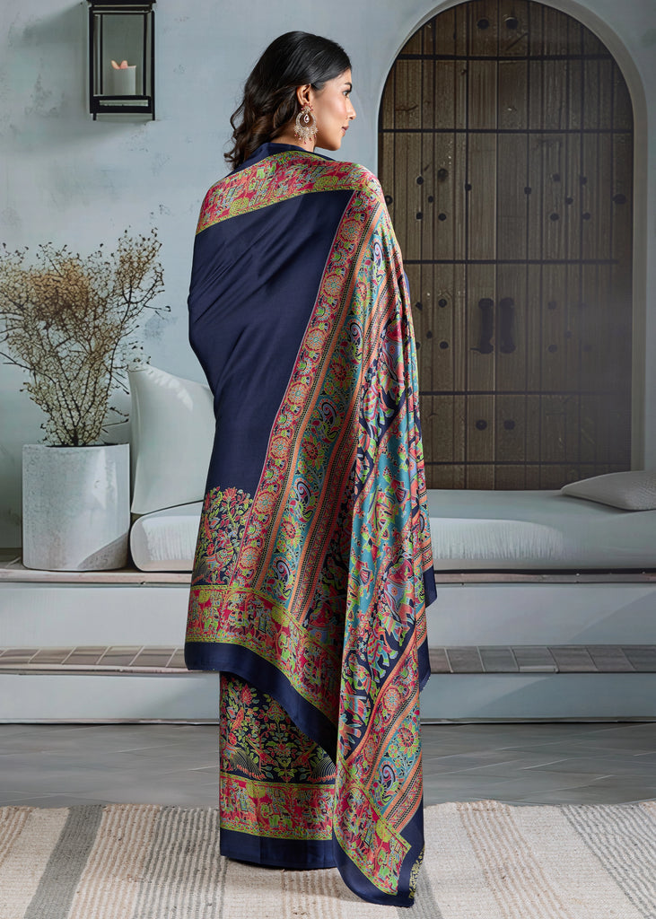 Buy MySilkLove Vivid Blue Printed Satin Crepe Silk Saree Online