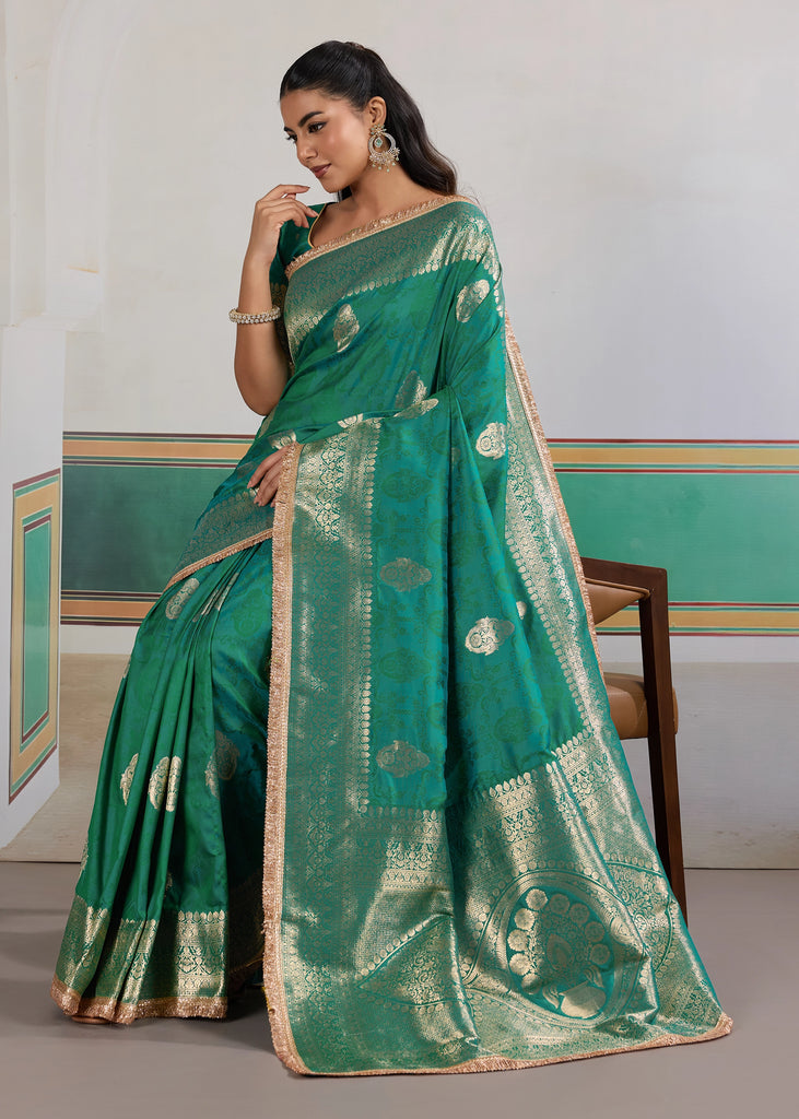 Buy MySilkLove Hunter Green Woven Banarasi Satin Silk Saree Online