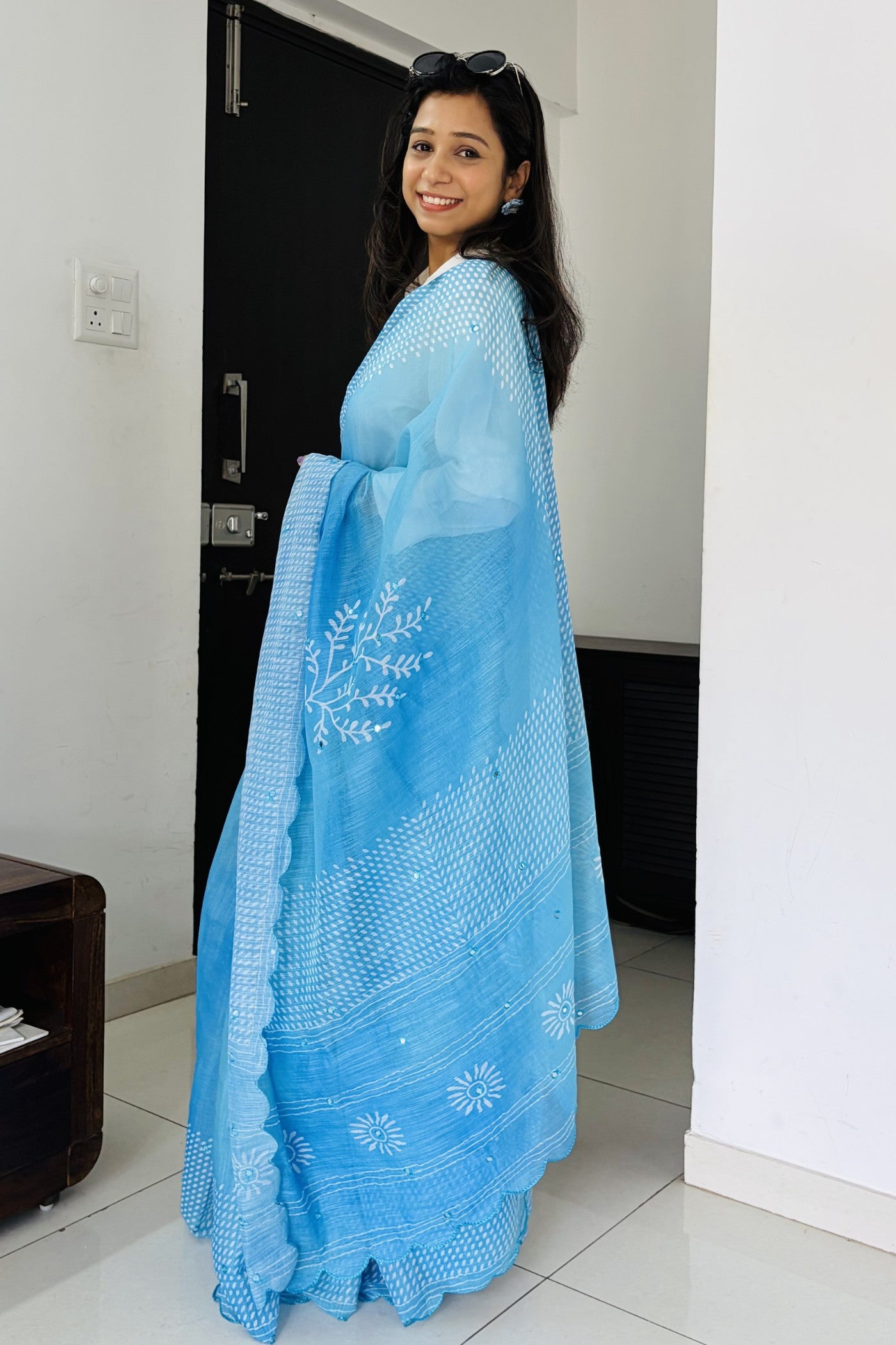 Buy MySilkLove Swim Blue Printed Cotton Saree Online