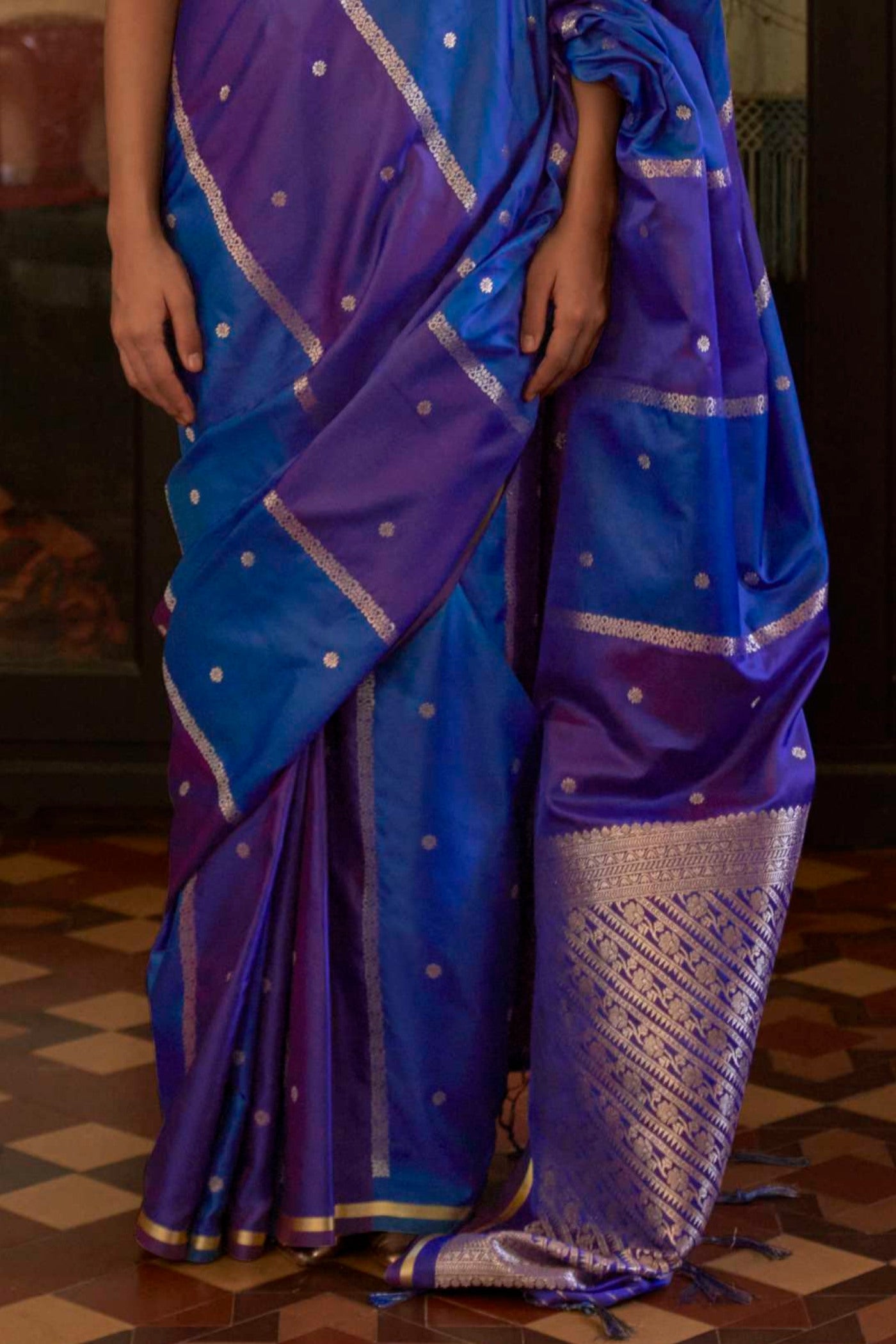 Buy MySilkLove Misty Blue Handloom Rangkat Banarasi Satin Silk Saree Online