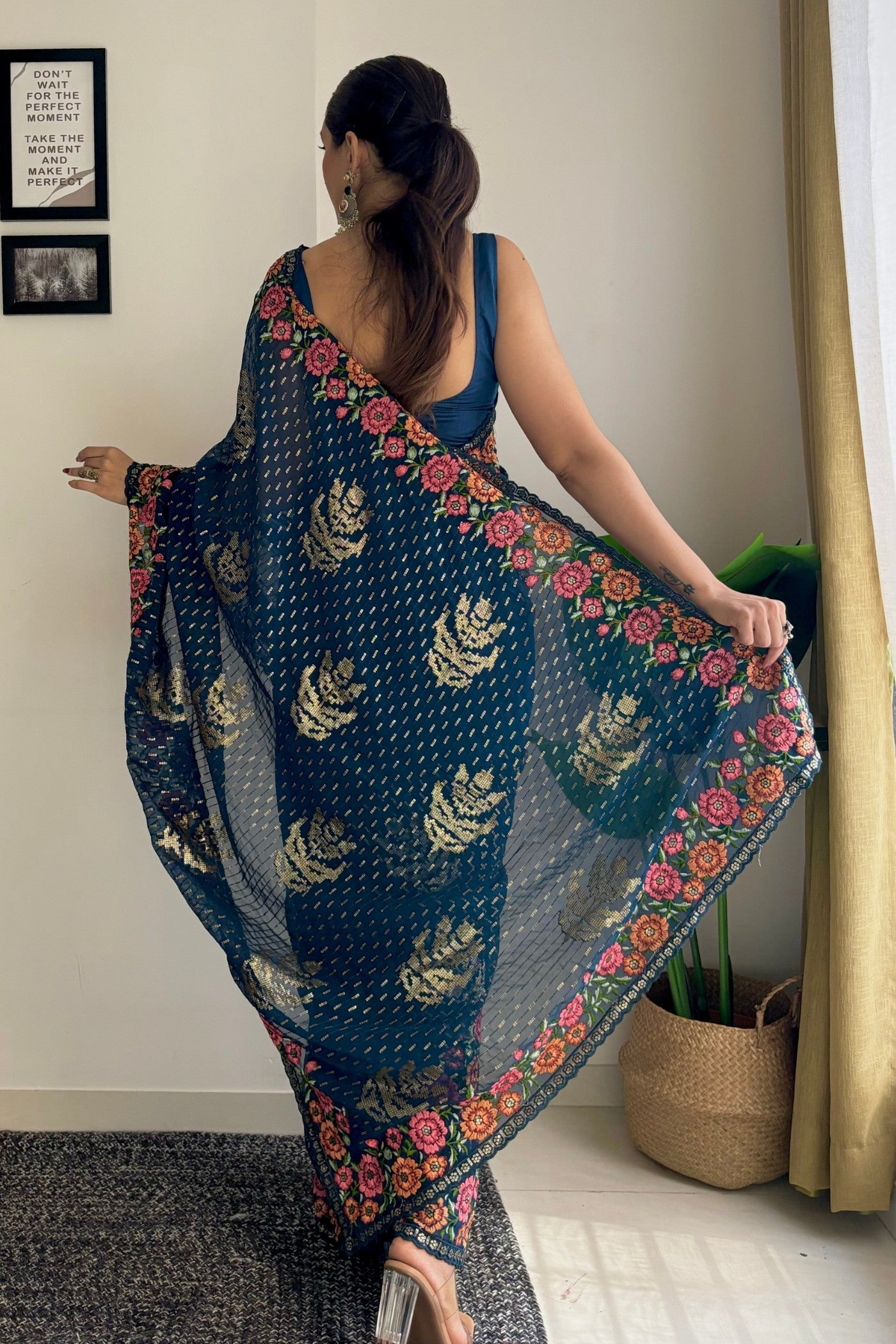 Buy MySilkLove Teal Blue Embroidery Designer Georgette Saree Online