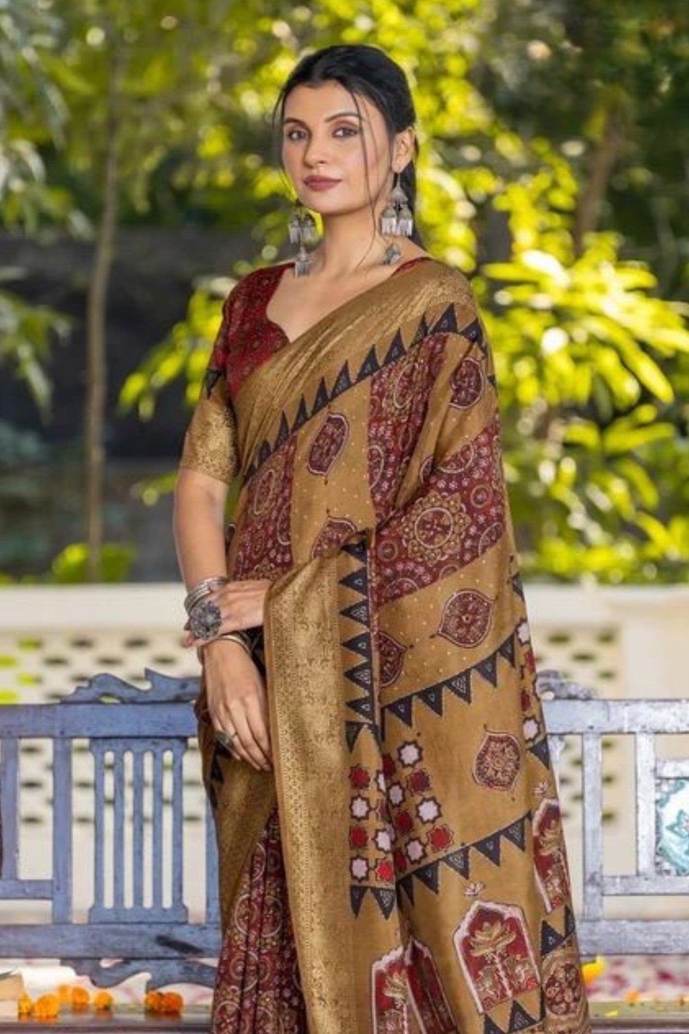 MySilkLove Dusty Brown Ajrakh Digital Printed Satin Saree