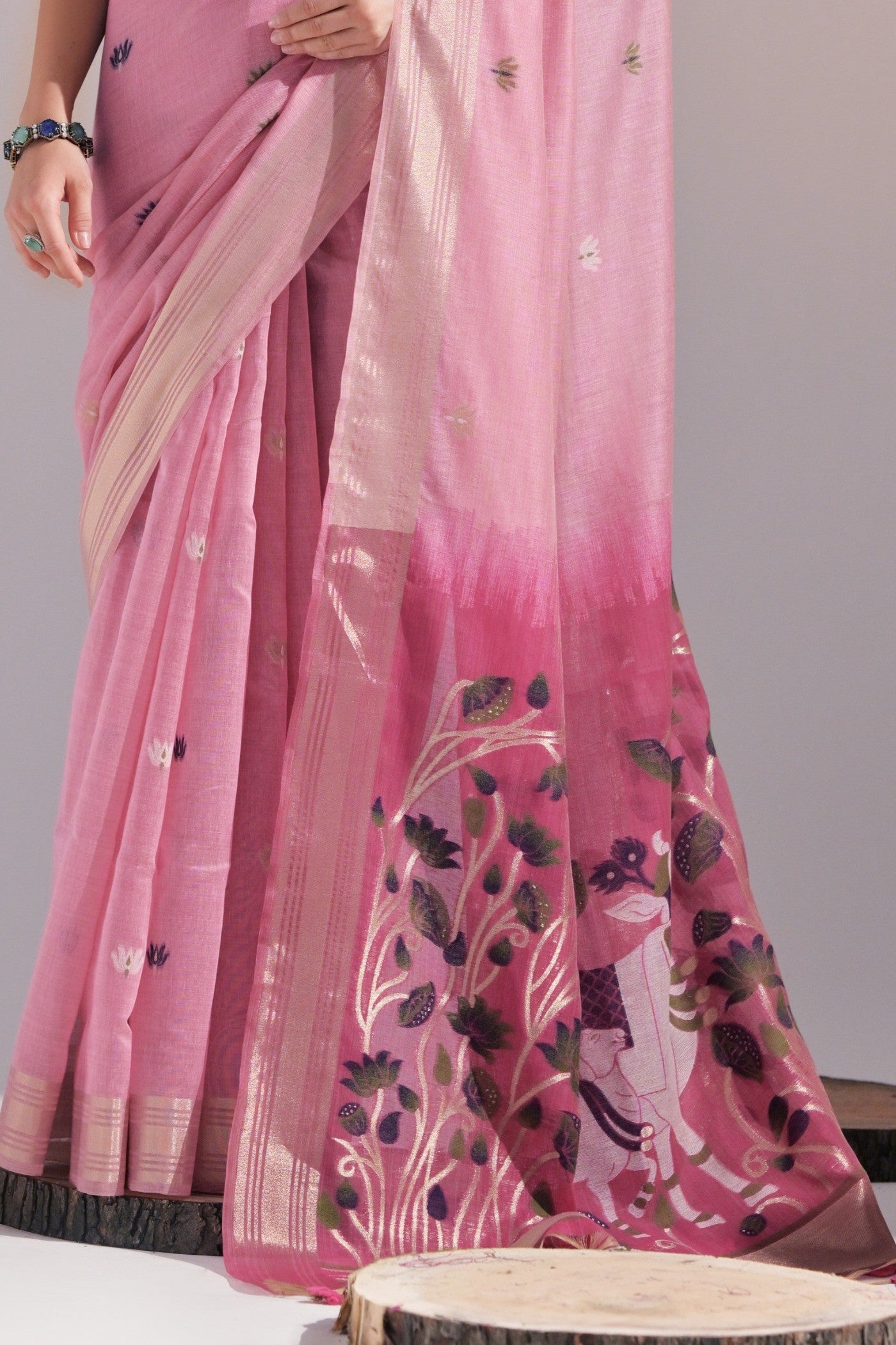 Buy MySilkLove Baby Pink Woven Muga Cotton Saree Online