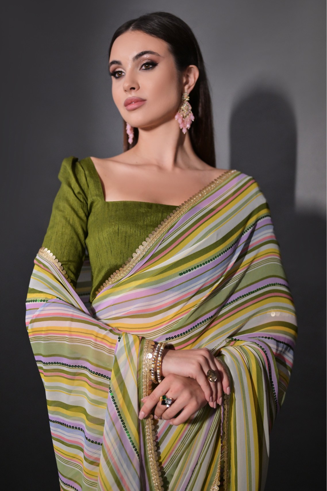 Buy MySilkLove Spanish Green Georgette Lehriya Silk Saree Online