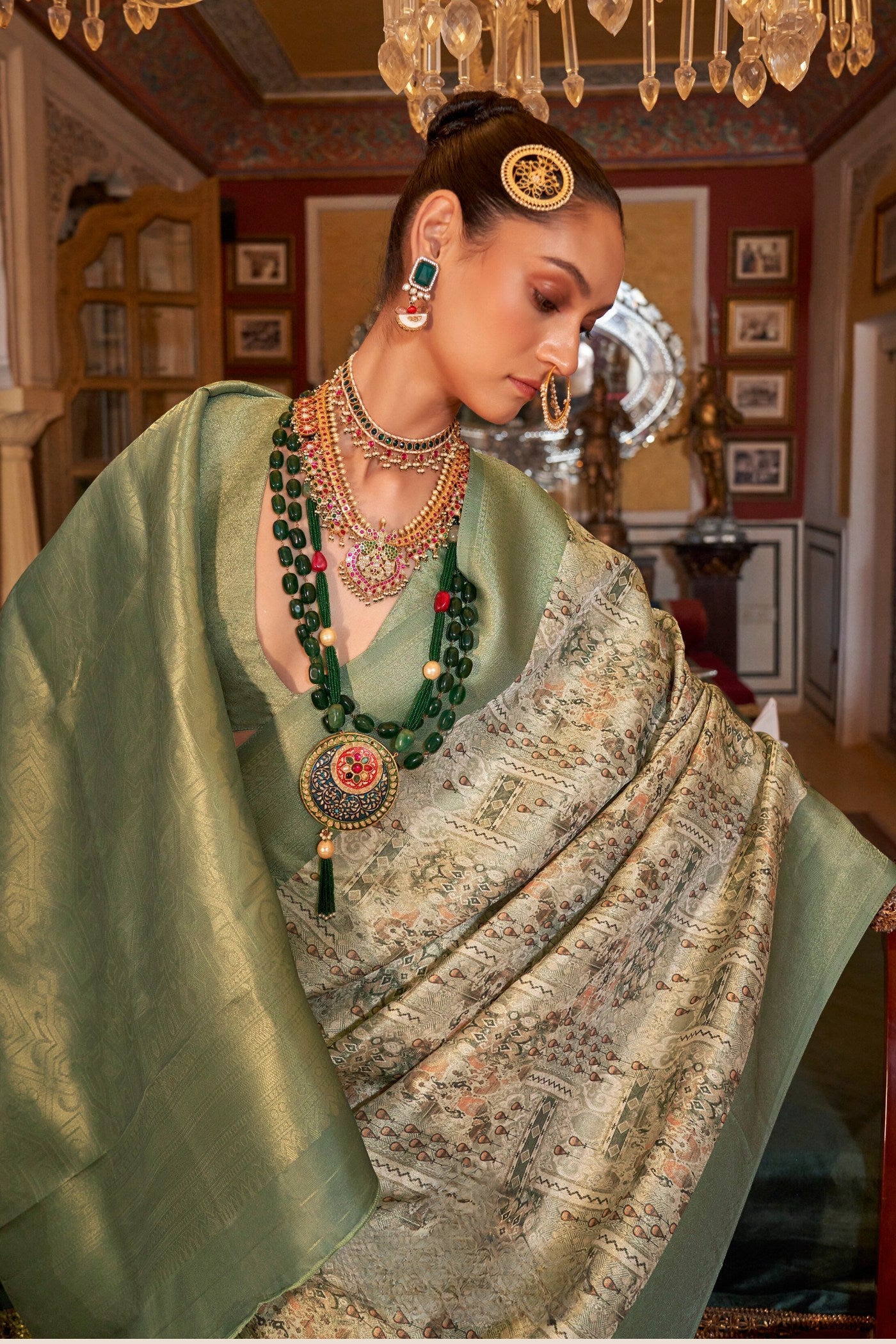 Buy MySilkLove Locust Green Banarasi Digital Printed Saree Online