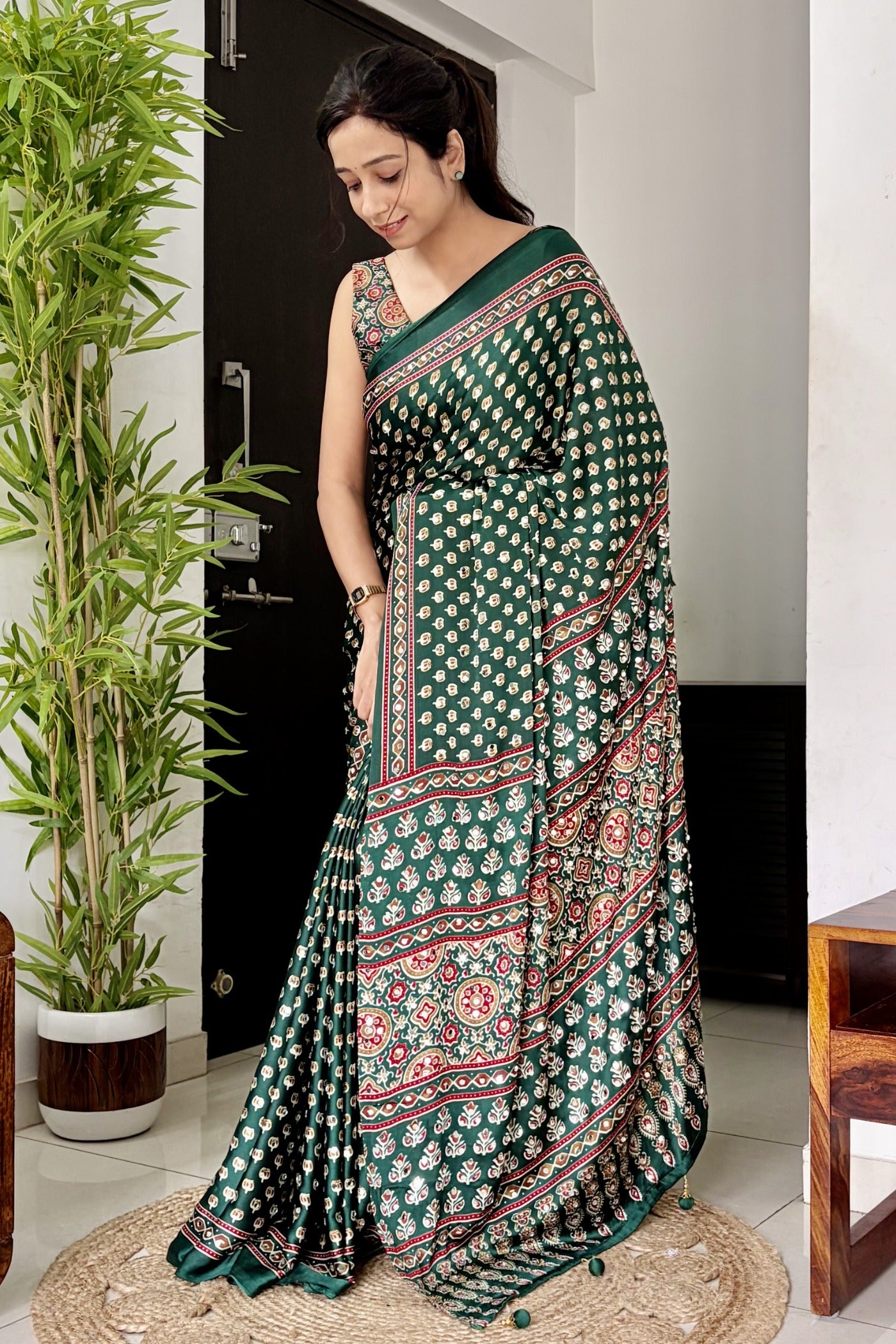 Buy MySilkLove Hunter Green Modal Ajrakh Satin Printed Mirror Work Saree Online