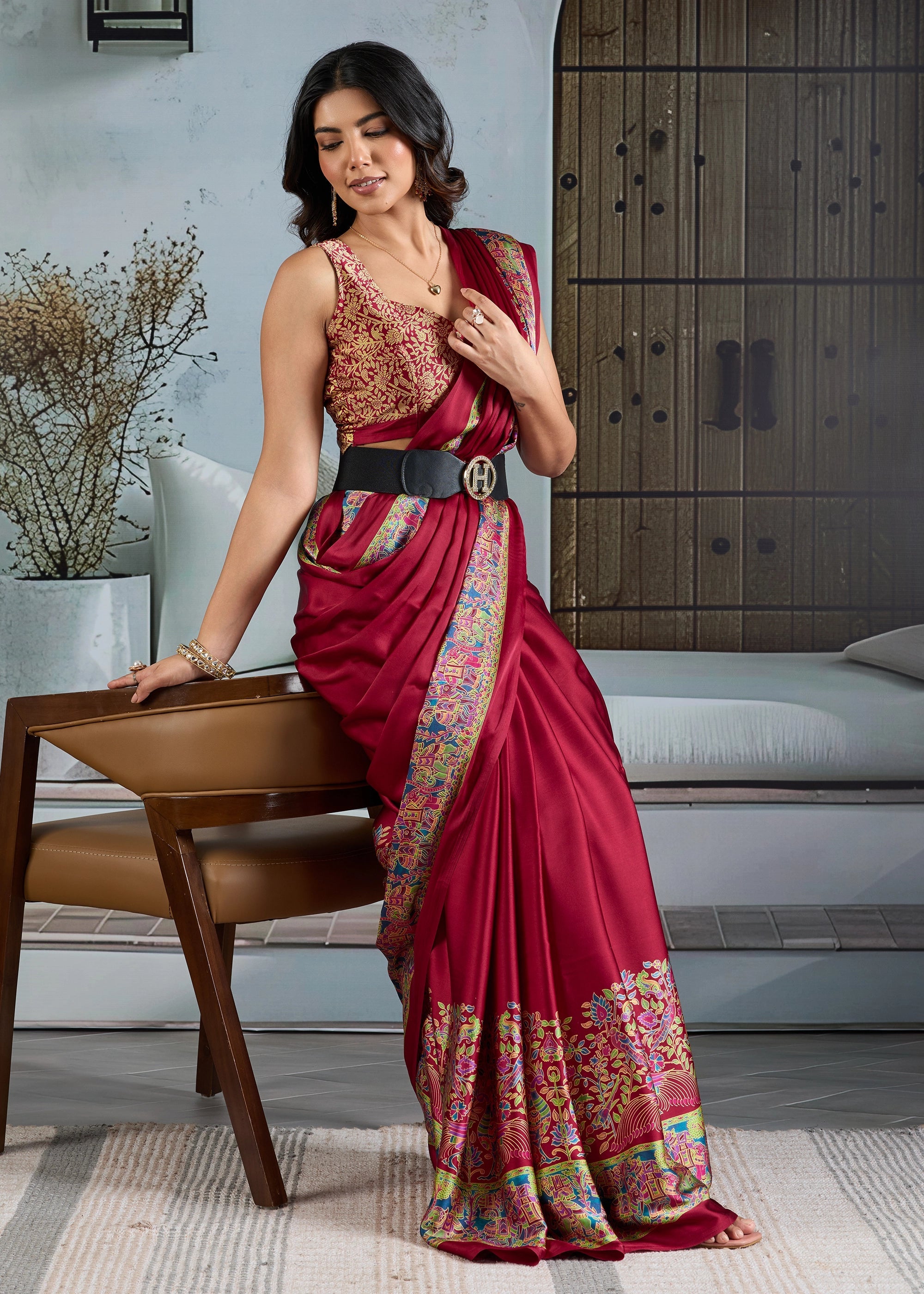 Buy MySilkLove Claret Red Printed Satin Crepe Silk Saree Online