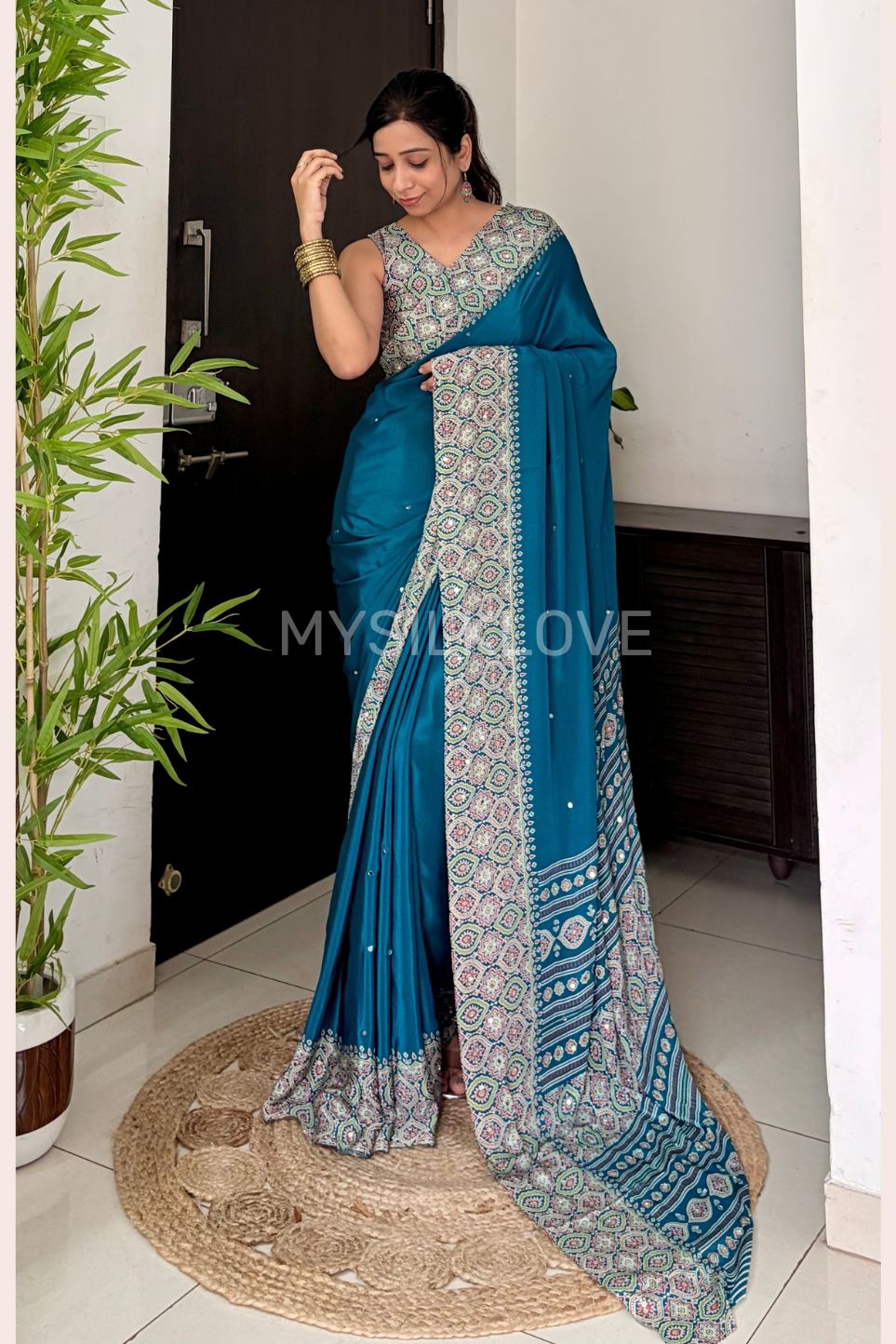 Buy MySilkLove Paris Green Ajrakh Modal Mirror Work Satin Silk Saree Online