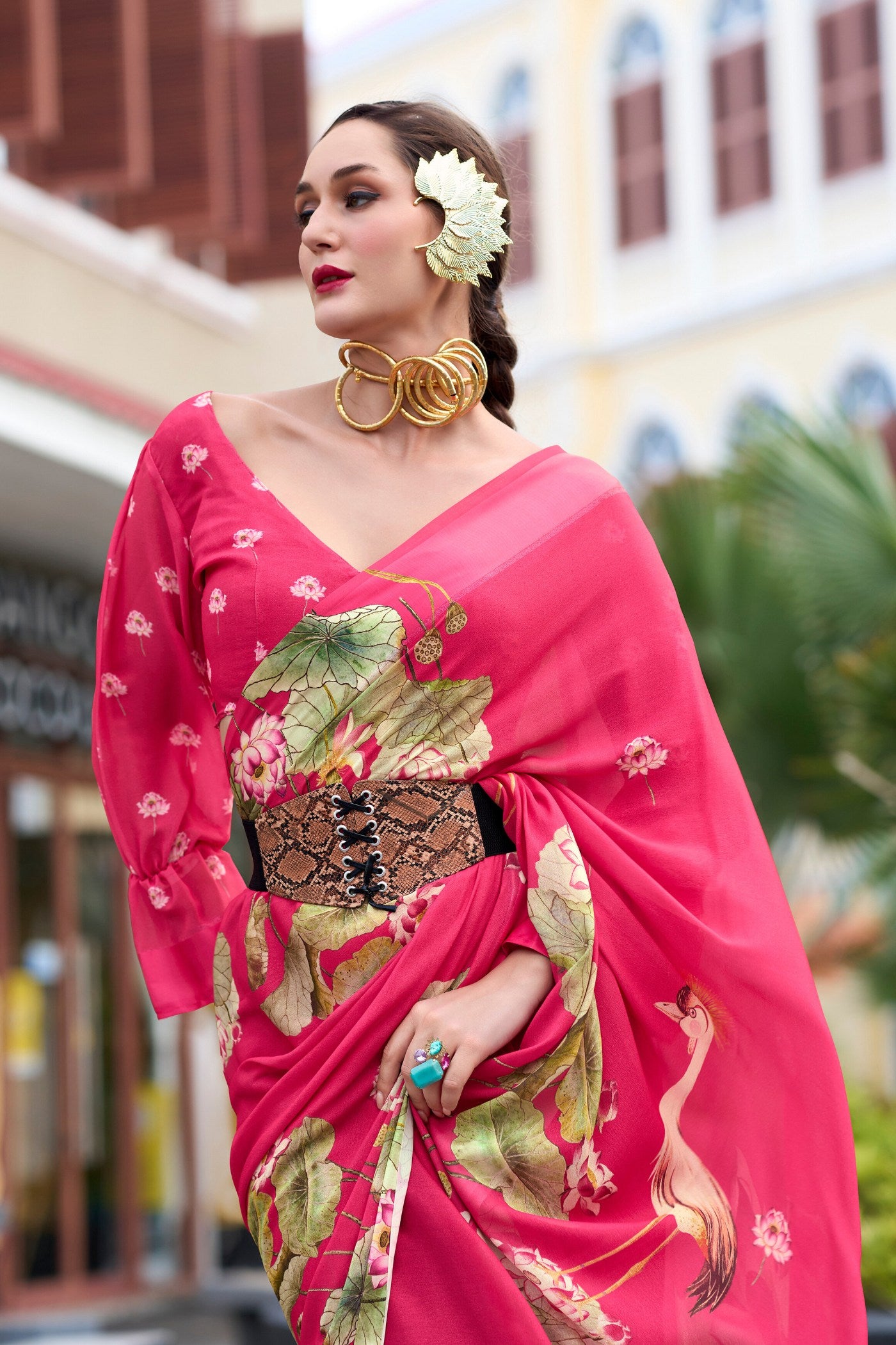 Buy MySilkLove Strawberry Pink Printed Georgette Saree Online