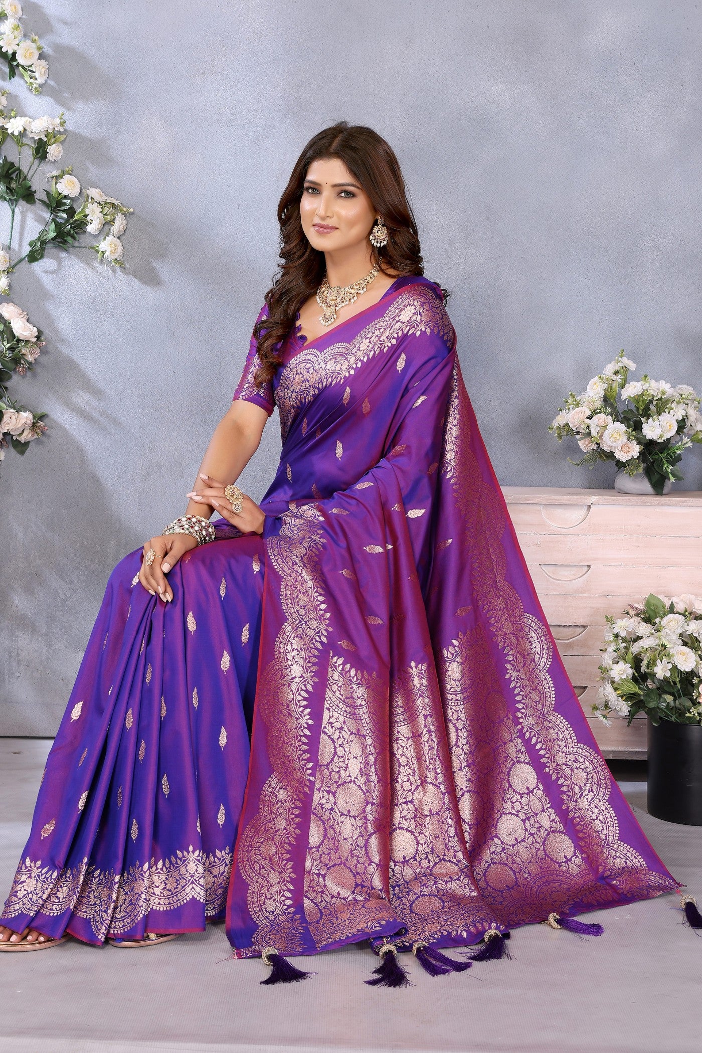 MySilkLove Brinjal Purple Woven Banarasi Saree