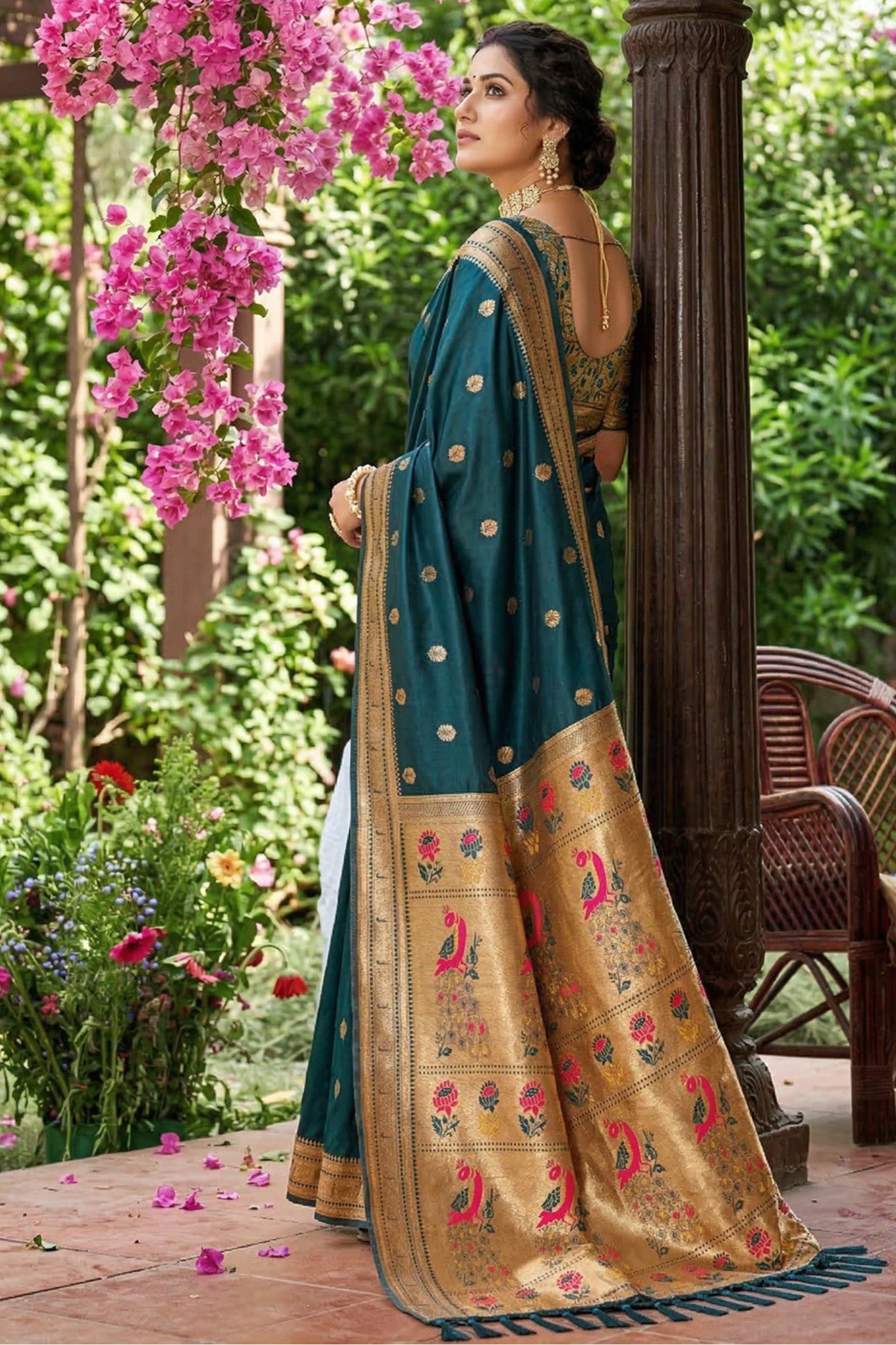 Buy MySilkLove Bottle Green Zari Woven Paithani Saree Online