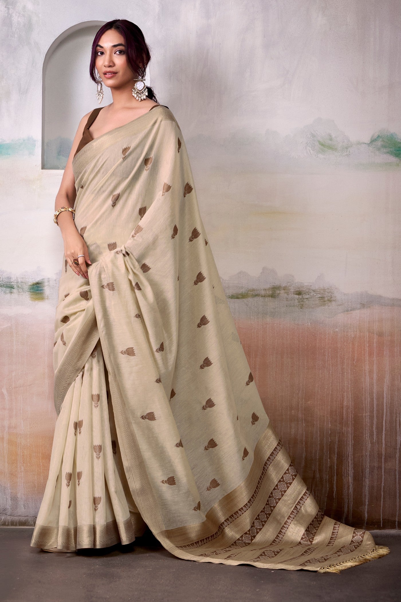 Buy MySilkLove Ivory Cream Woven Modal Cotton Saree Online