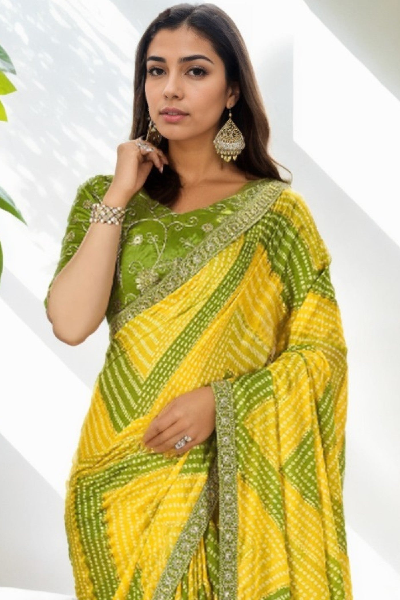 Buy MySilkLove Sunflower Yellow and Green Bandhani Digital Printed Silk Saree Online