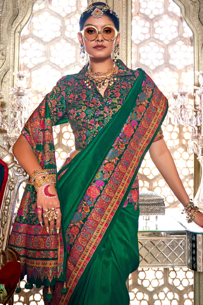 Buy MySilkLove Watercourse Green Printed Banarasi Saree Online