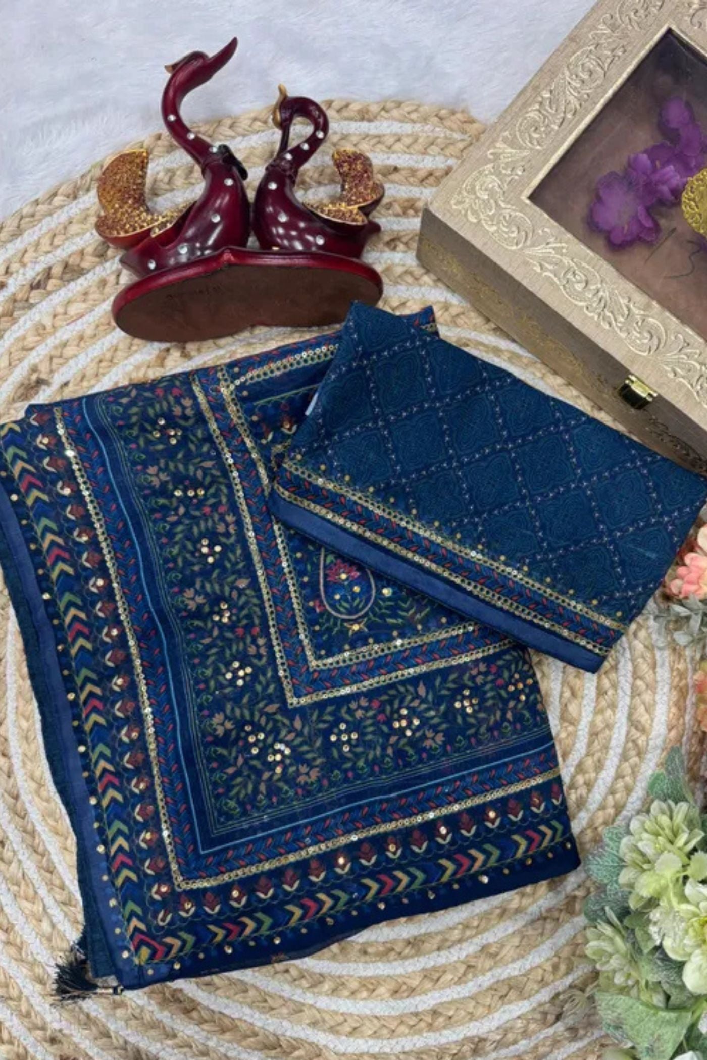 Buy MySilkLove Velvet Blue Georgette Ajrakh Printed Embroidered Saree Online