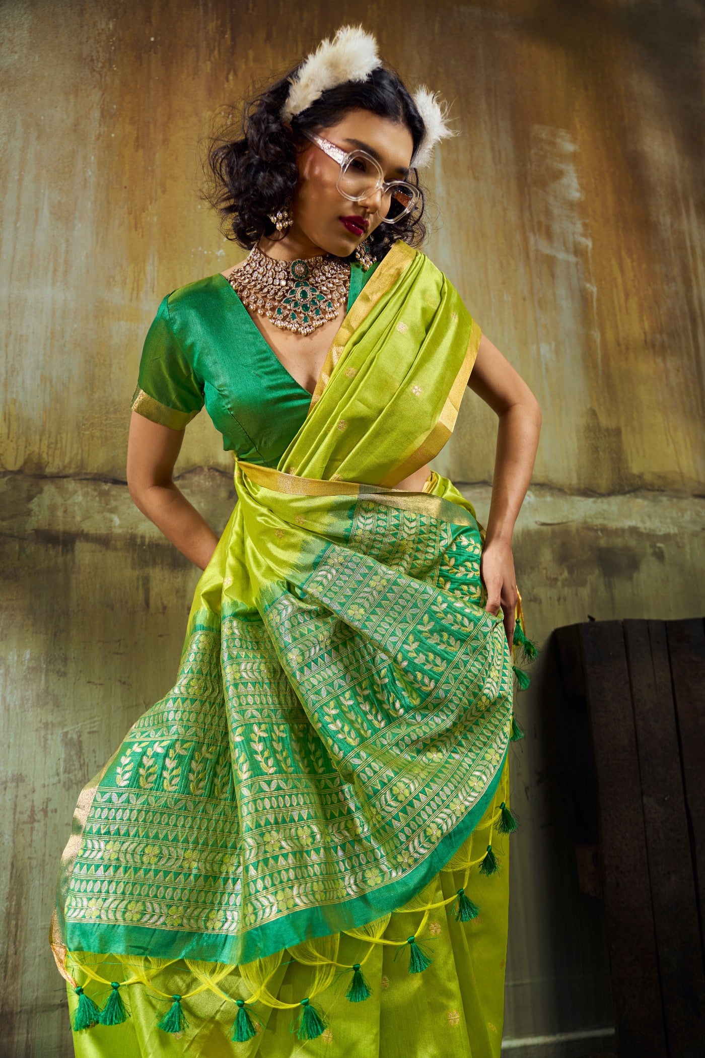 MySilkLove Neon Green Tussar Handloom Silk Saree