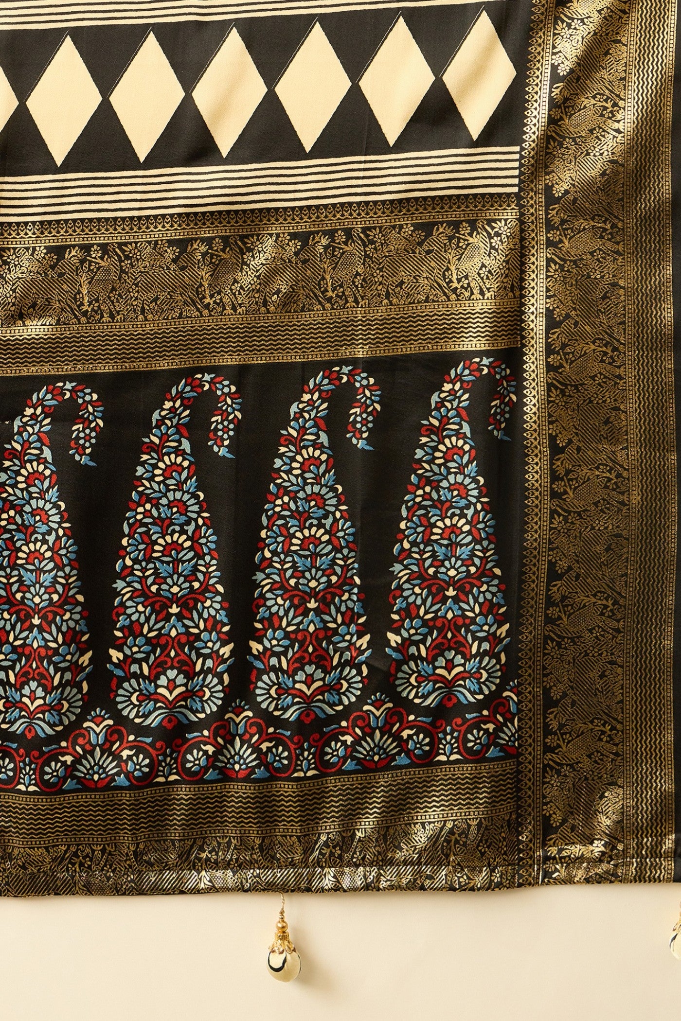 Buy MySilkLove Wheat Cream and Black Printed Satin Crepe Silk Saree Online