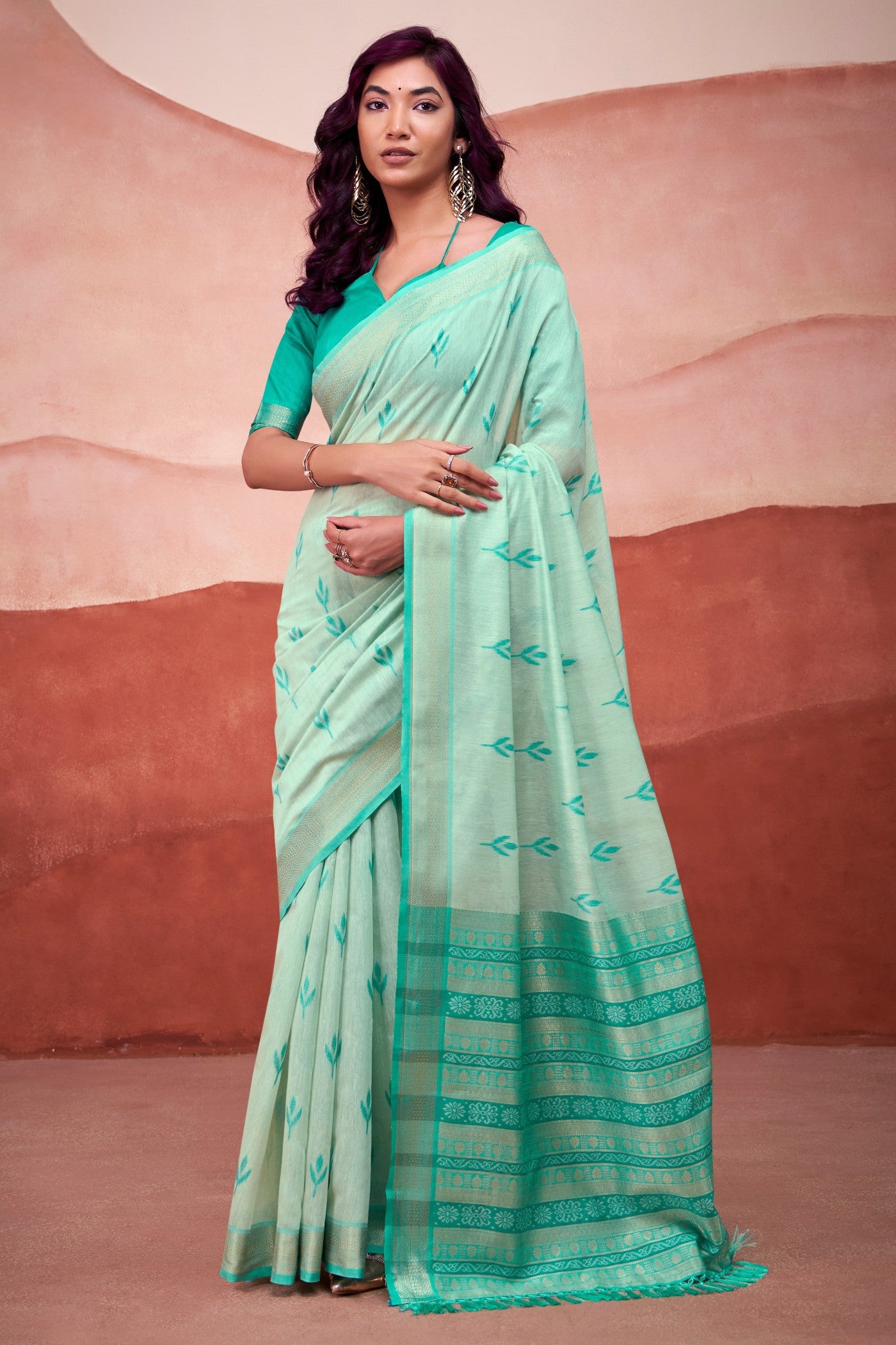 Buy MySilkLove Thyme Green Woven Modal Cotton Saree Online