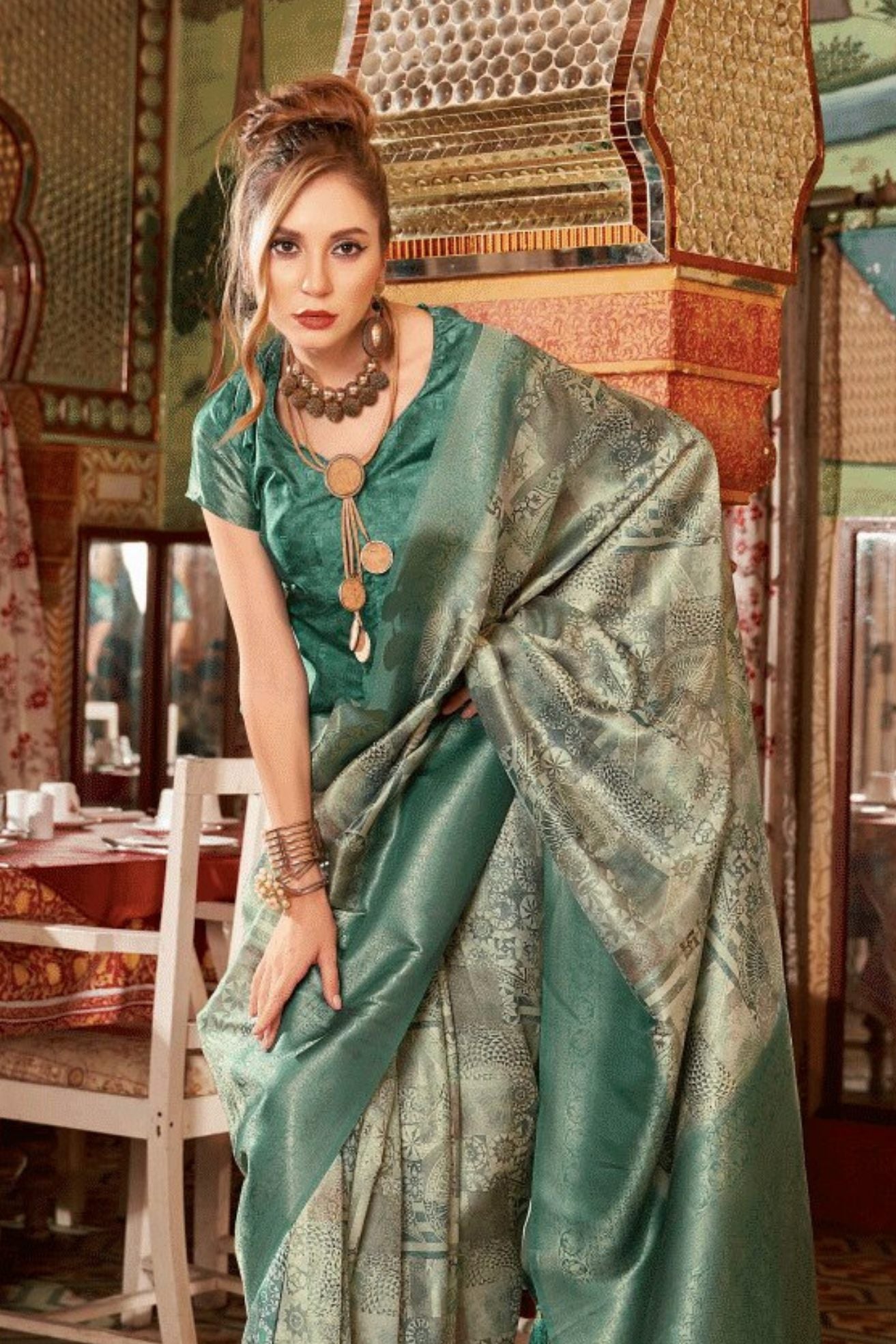 Buy MySilkLove Sage Green Banarasi Digital Printed Saree Online