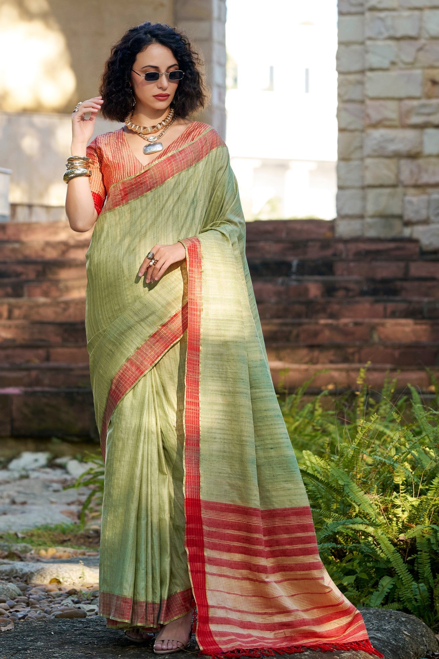 Buy MySilkLove Clay Creek Green Handloom Katan Saree Online