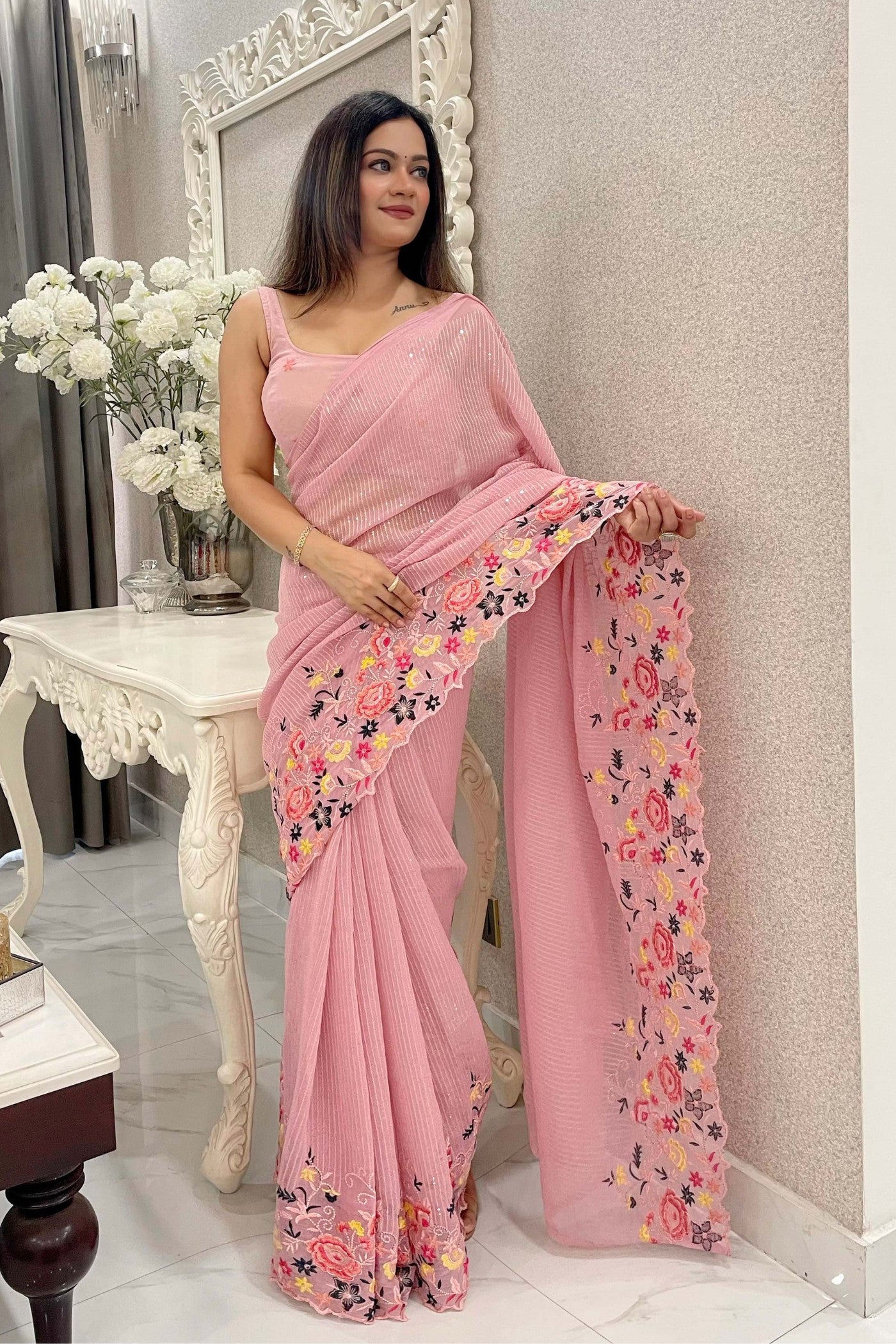 Buy MySilkLove Sweet Pink Embroidered Partywear Saree Online