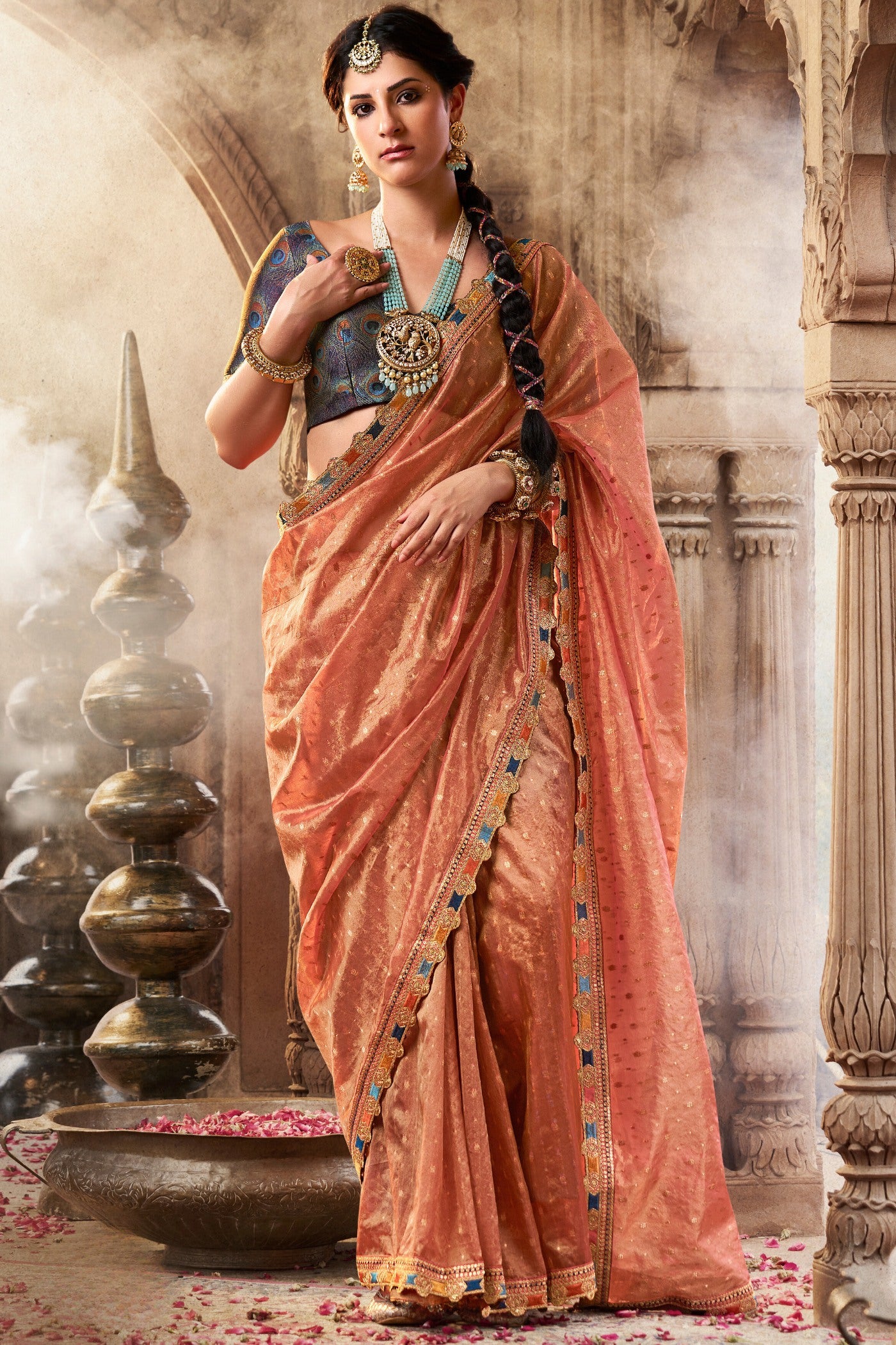 Buy MySilkLove Japonica Peach Tissue Designer Saree Online