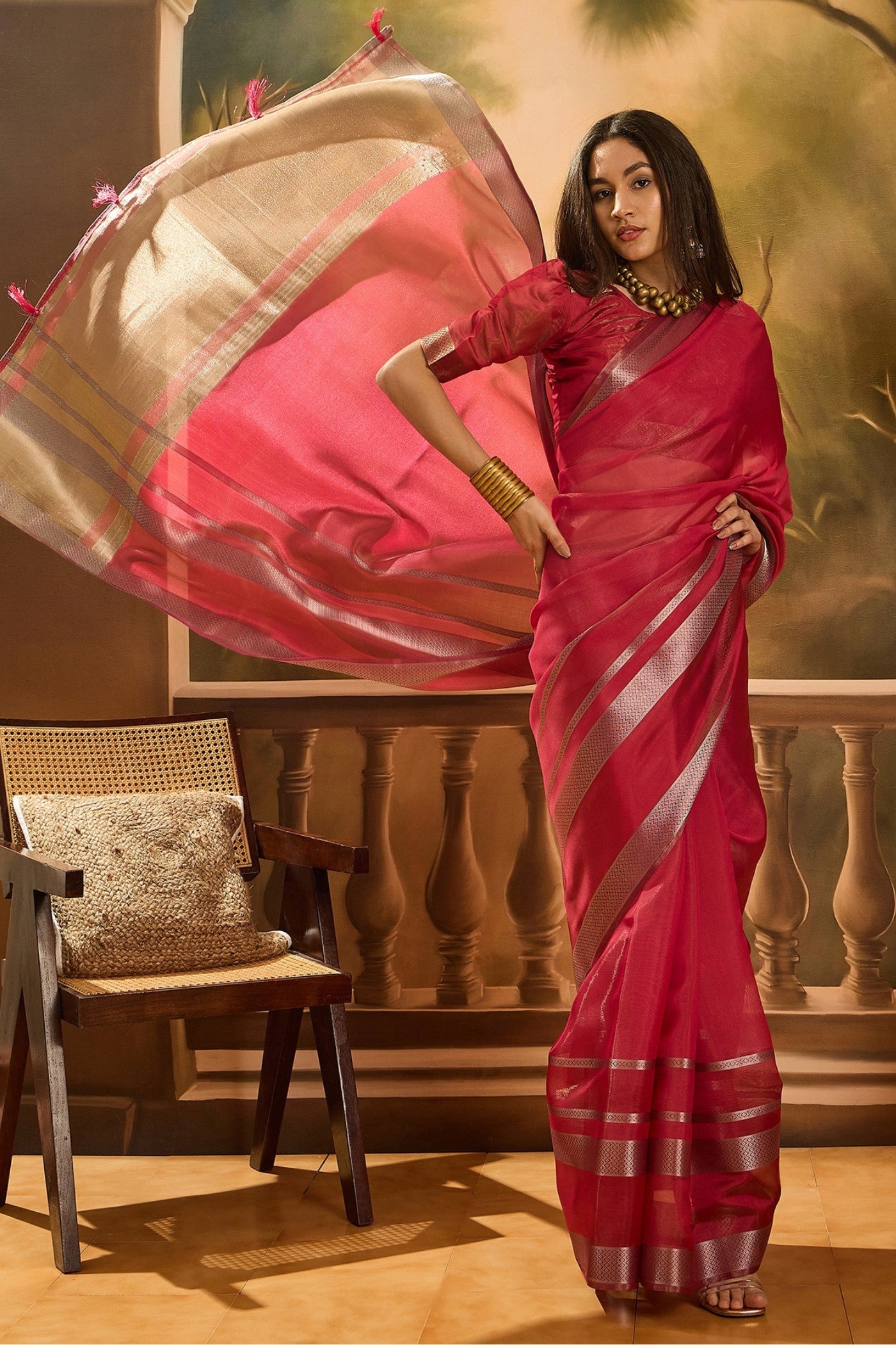 Buy MySilkLove Fire Red Woven Organza Saree Online