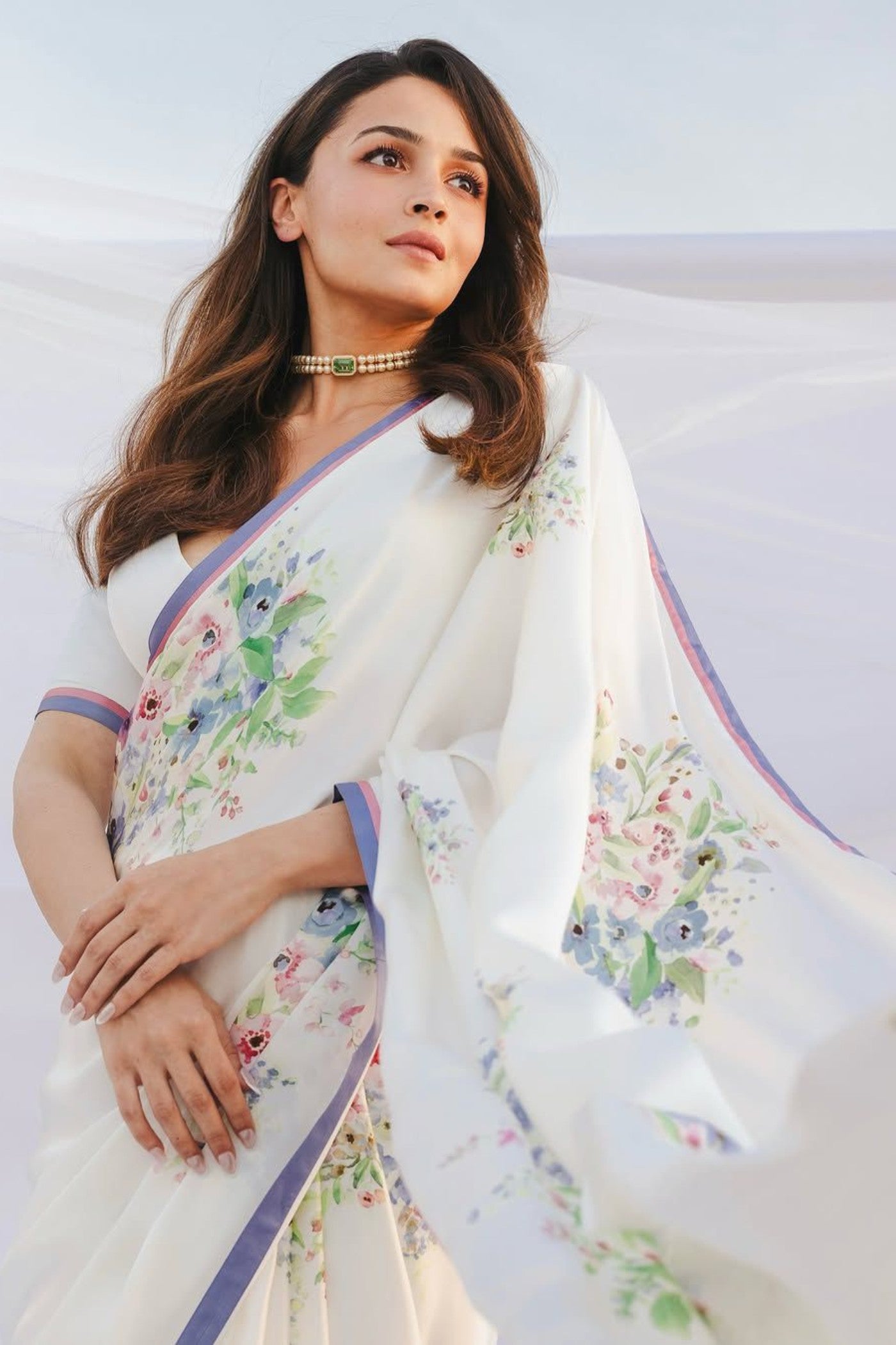 Buy MySilkLove Alia Bhatt Inspired Daisy White Floral Printed Satin Silk Saree Online