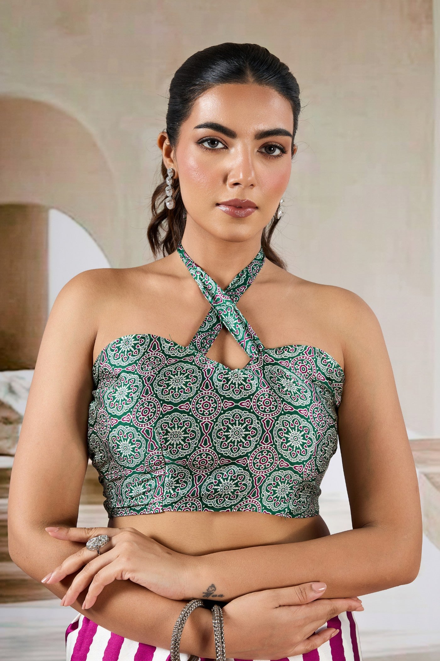 Buy MySilkLove Winter Pink Stripe Ajrakh Printed Satin Crepe Silk Saree Online