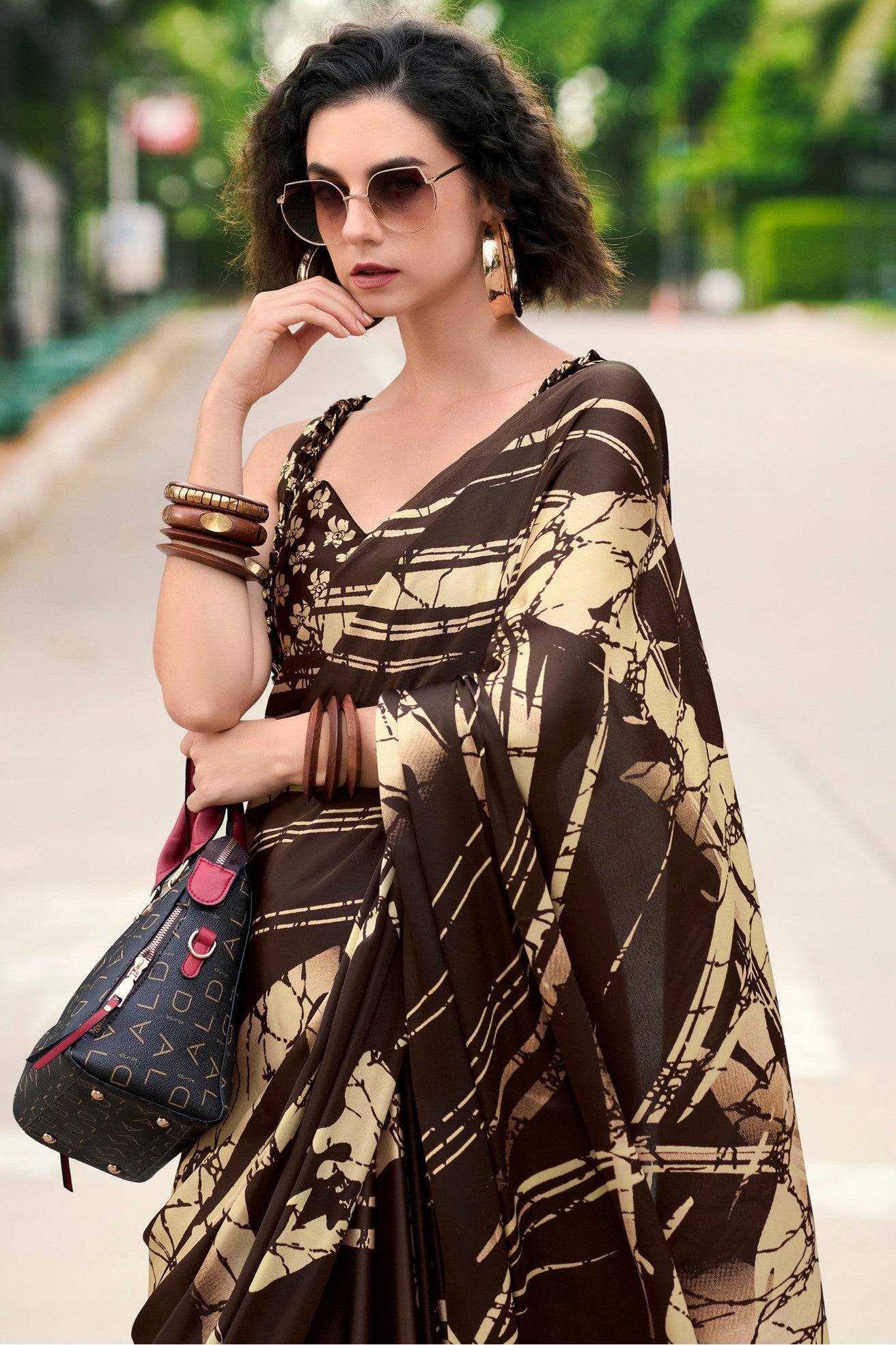 MySilkLove Cold Coffe Brown Printed Satin Crepe Saree