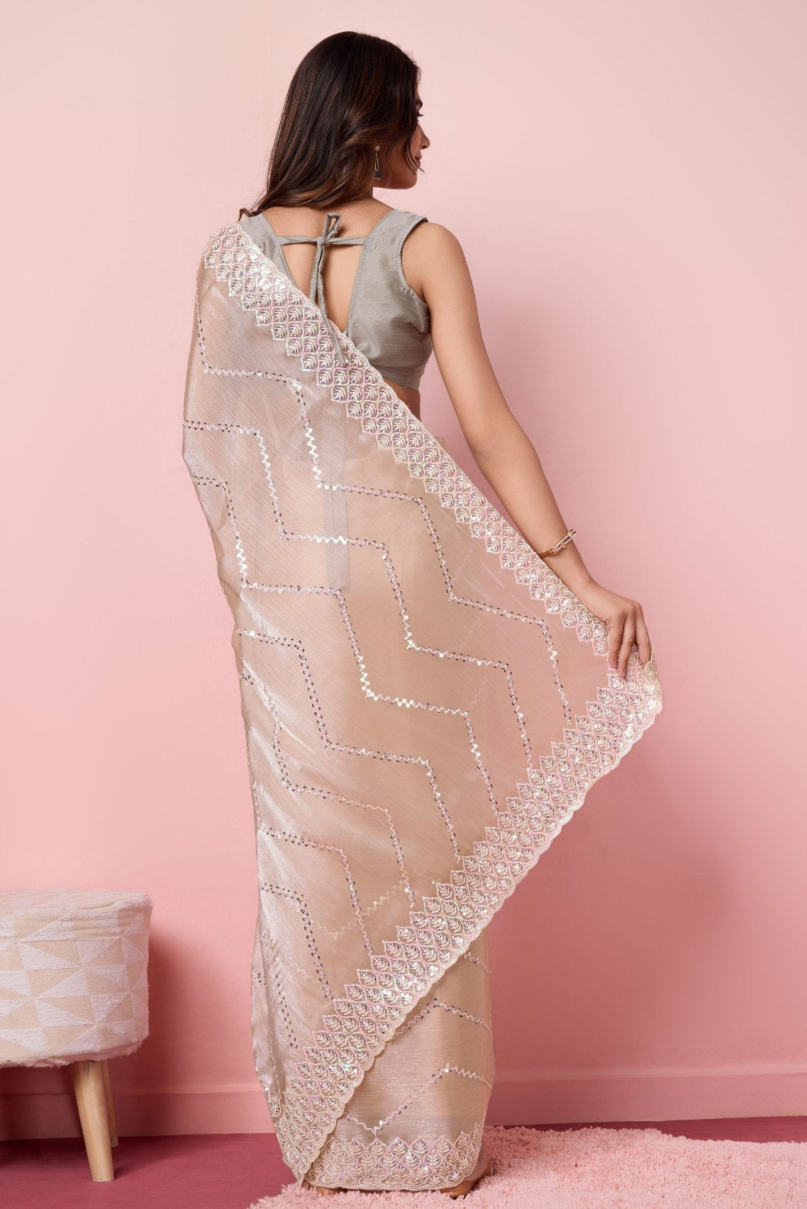 Buy MySilkLove Bisque Cream Designer Partywear Saree Online