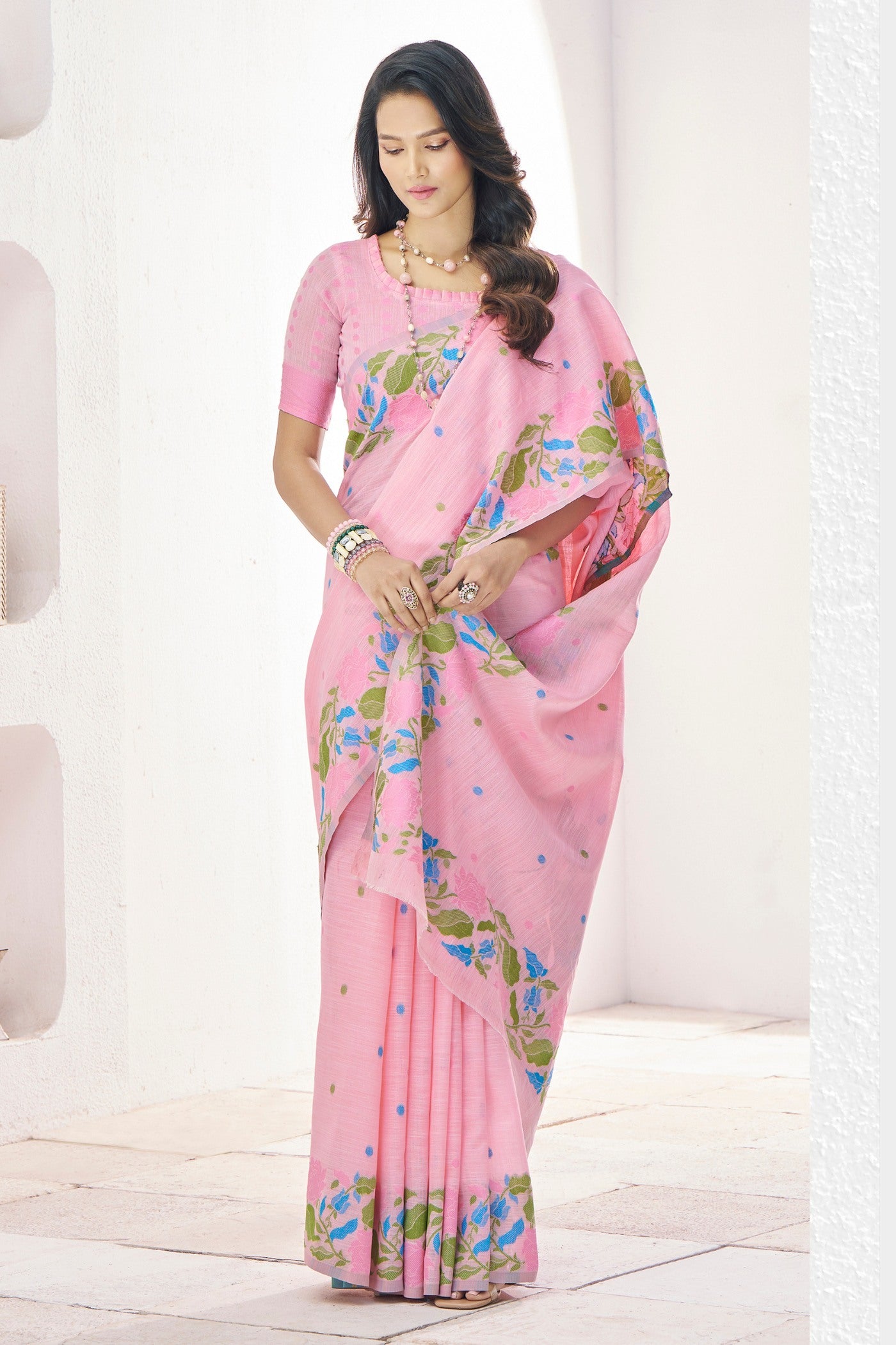 Buy MySilkLove Carissma Pink Woven Linen Saree Online