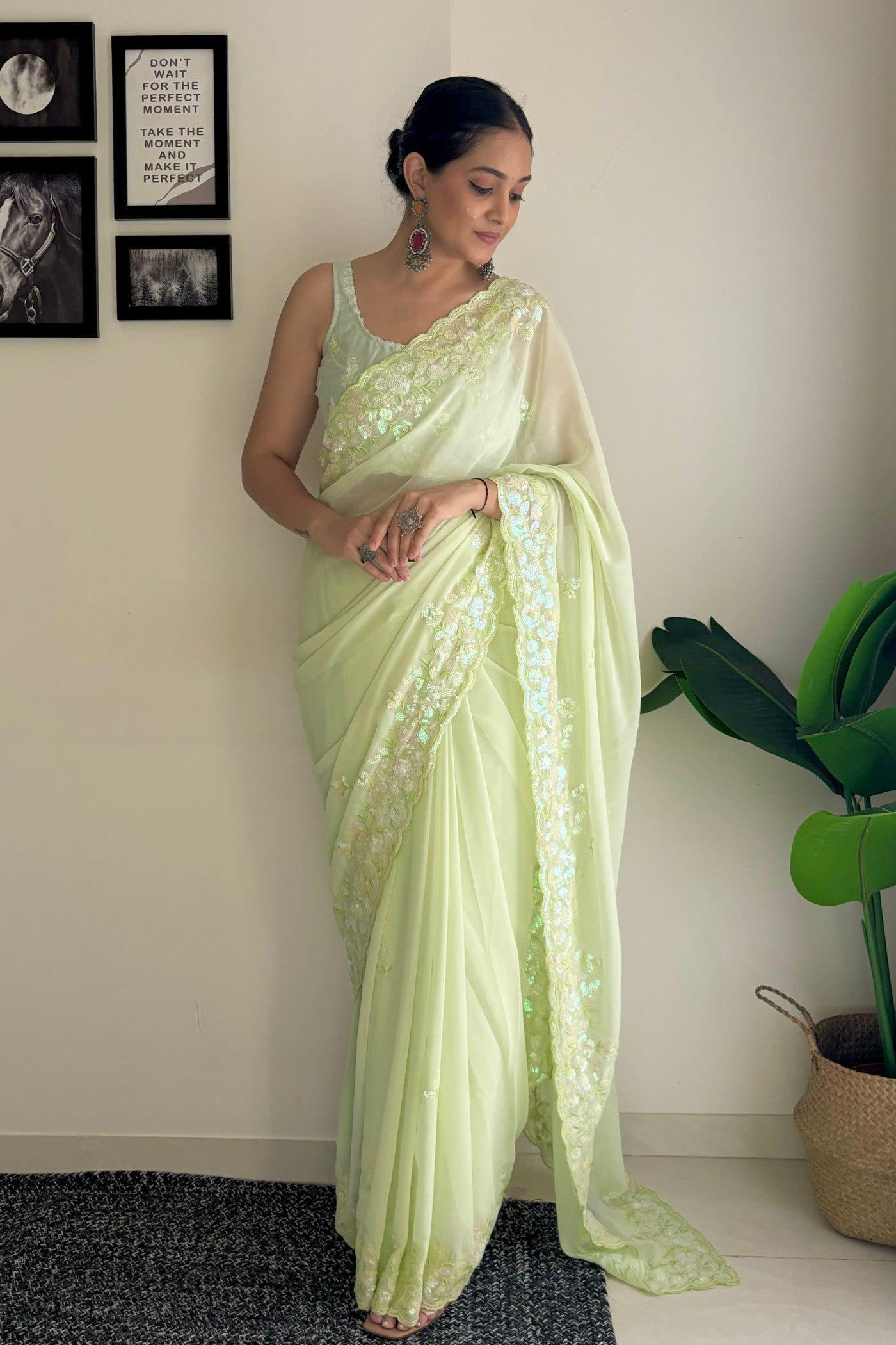 Buy MySilkLove Pineapple Green Embroidery Georgette saree Online