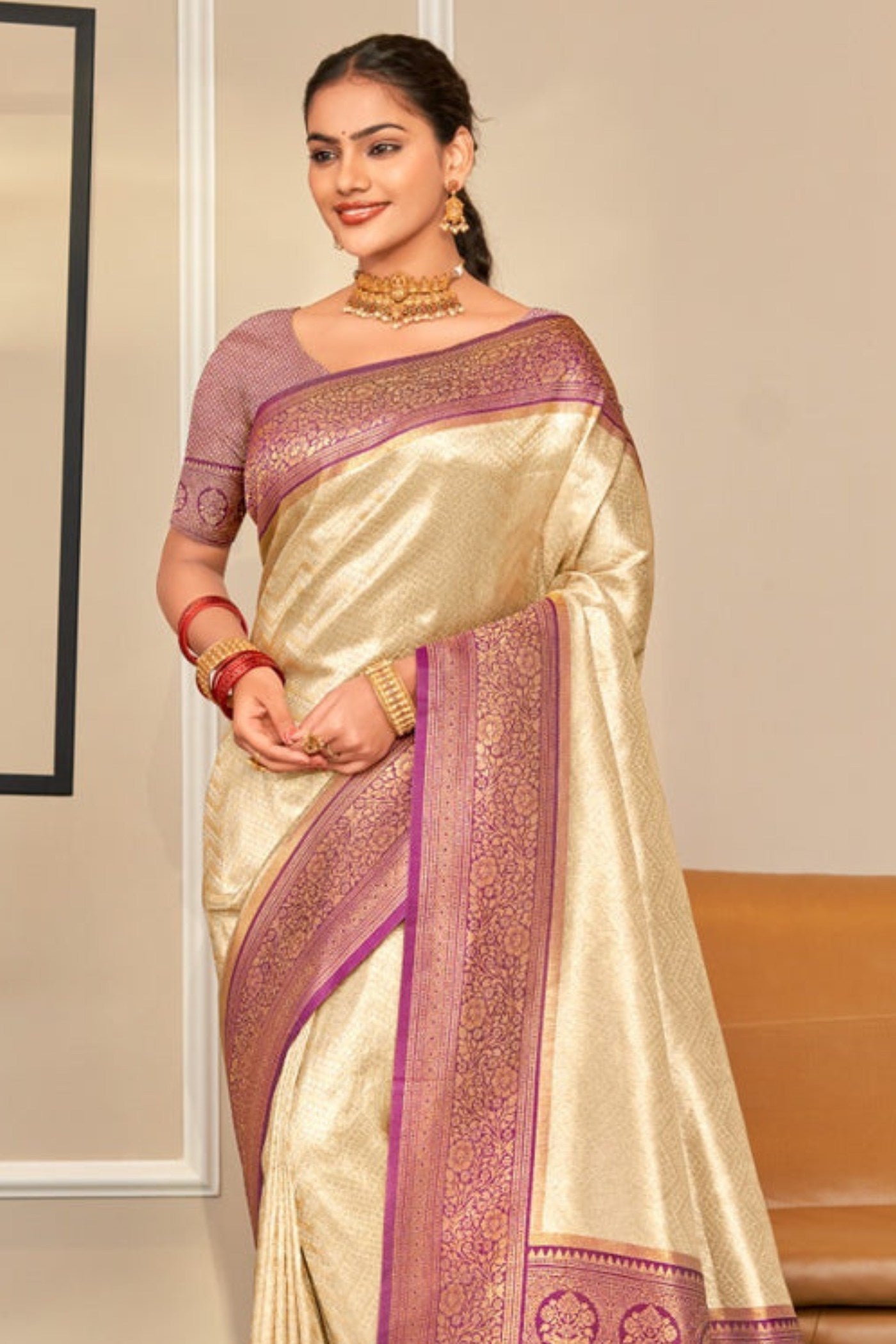 Buy MySilkLove Butter Cream Zari Woven Kanjivaram Saree Online