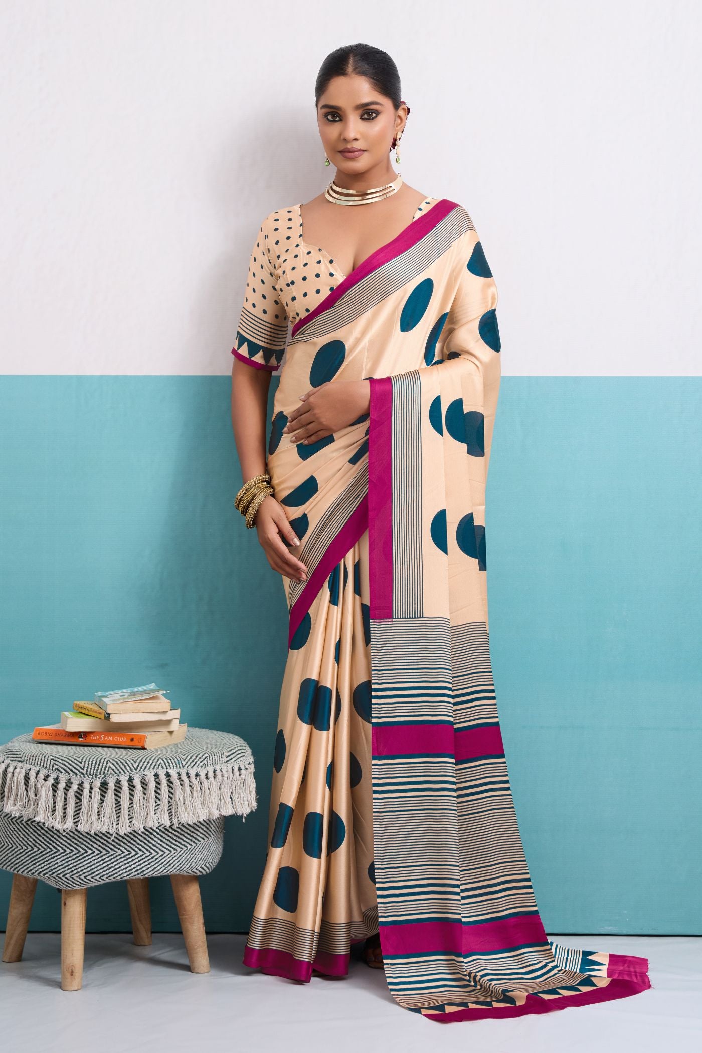 Buy MySilkLove Custard Cream and Blue Polka Dots Satin Crepe Saree Online