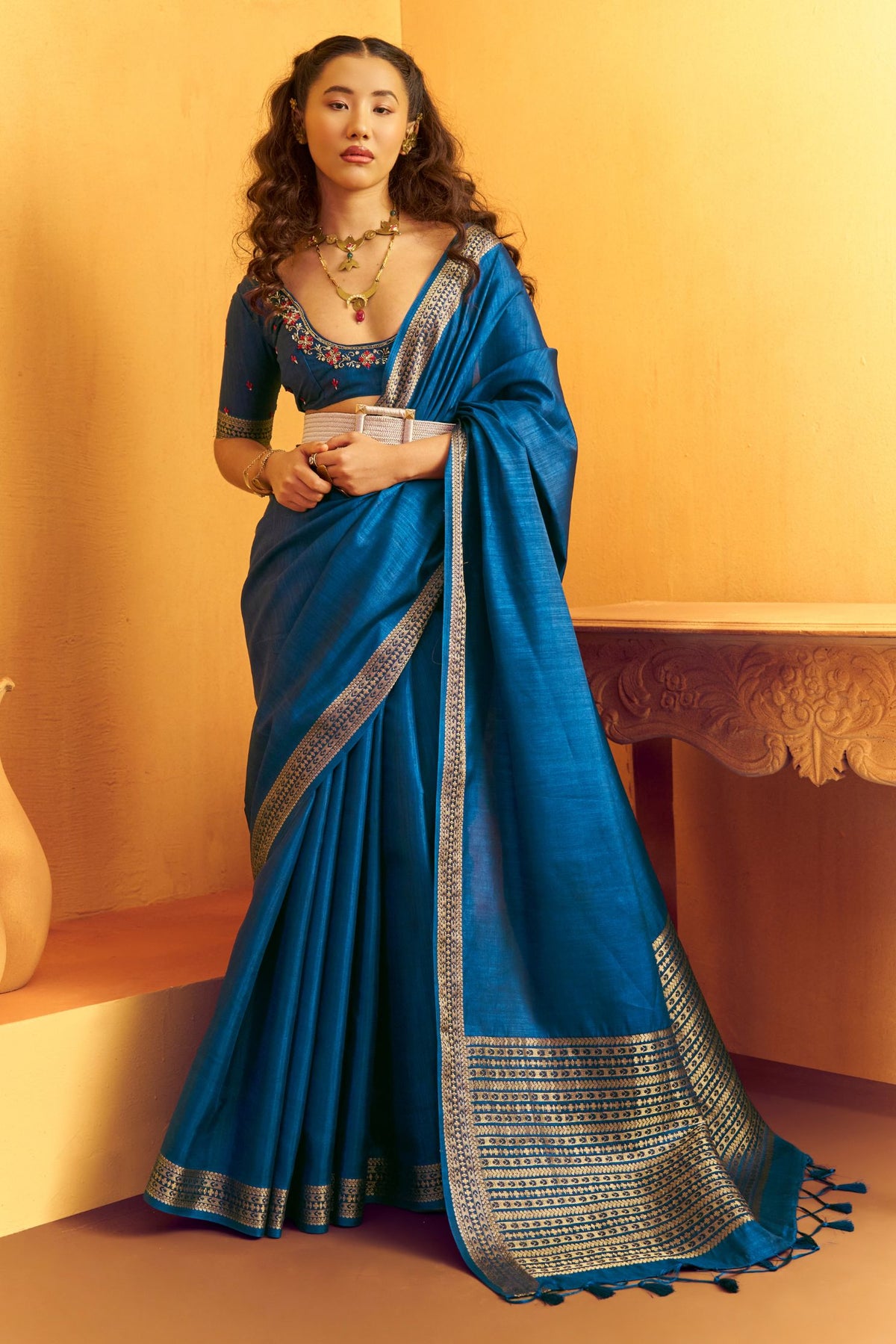 Buy MySilkLove Pacific Blue Tussar Handloom Silk Saree Online
