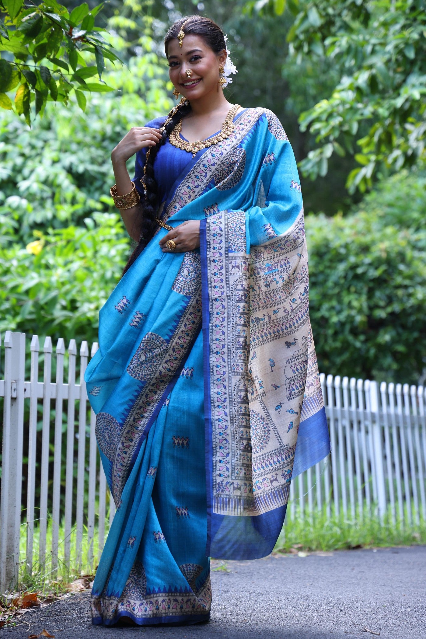 Buy MySilkLove Celtic Blue Madhubani Tussar Printed Silk Saree Online