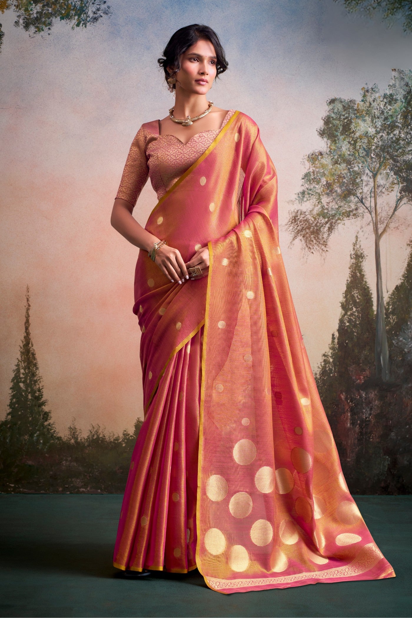 Buy MySilkLove Bright Peach Handloom Tissue Saree Online