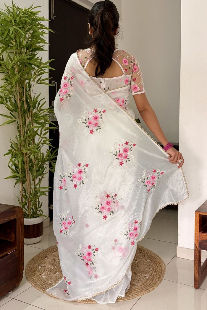 Buy MySilkLove Snow White Floral Hand Embroidered Crush Tissue Saree Without Blouse Online